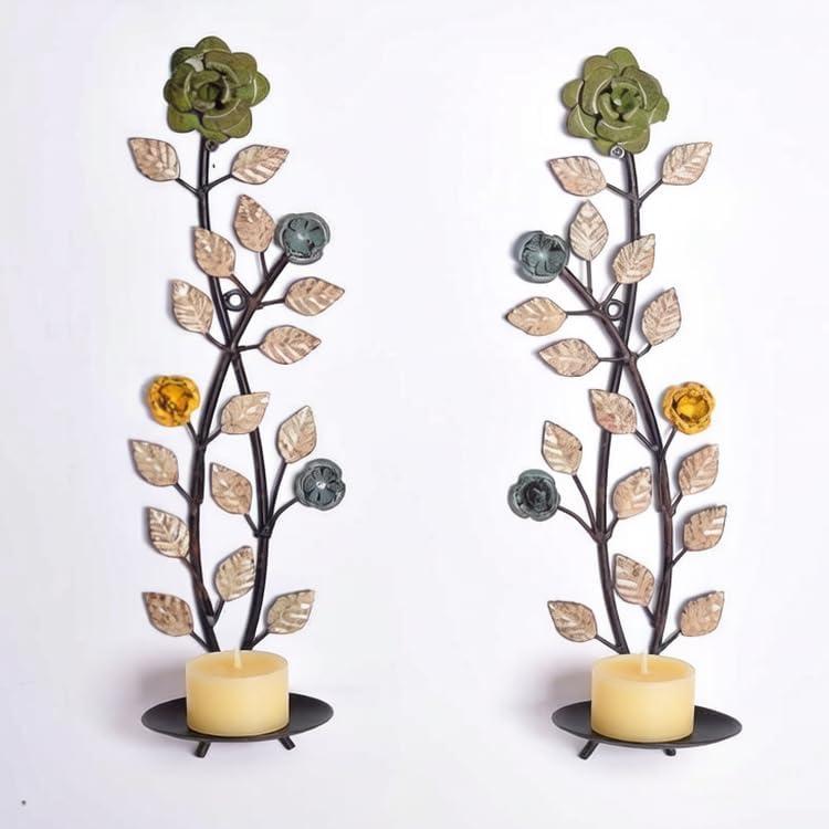 Metal Wall Candle Sconce Holders Set of 2, Rustic Leaf and Flower Branch Candle Holder Wall Decoration for Living Room Farmhouse Wedding Fireplace
