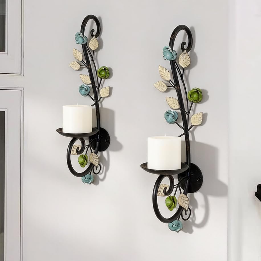 Candle Sconces Wall Sconce Candle Holder Set of 2, Antique Distressed Leaf Flower Wall Mount Metal Candleholder Hanging for Living Room Wedding Fireplace Farmhouse
