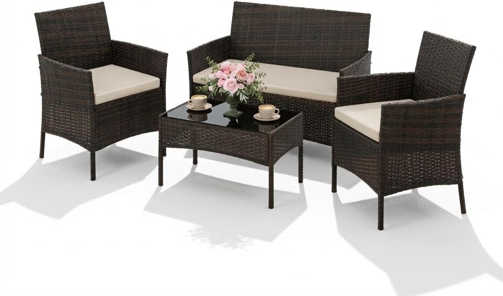 4PCS Outdoor Patio Bistro Set, PE Rattan Wicker Armchairs with Water-Resistant Cushions & Tempered Glass Coffee Table, All-Weather Conversation Set for Garden, Backyard, Porch, Poolside, Brown/Beige