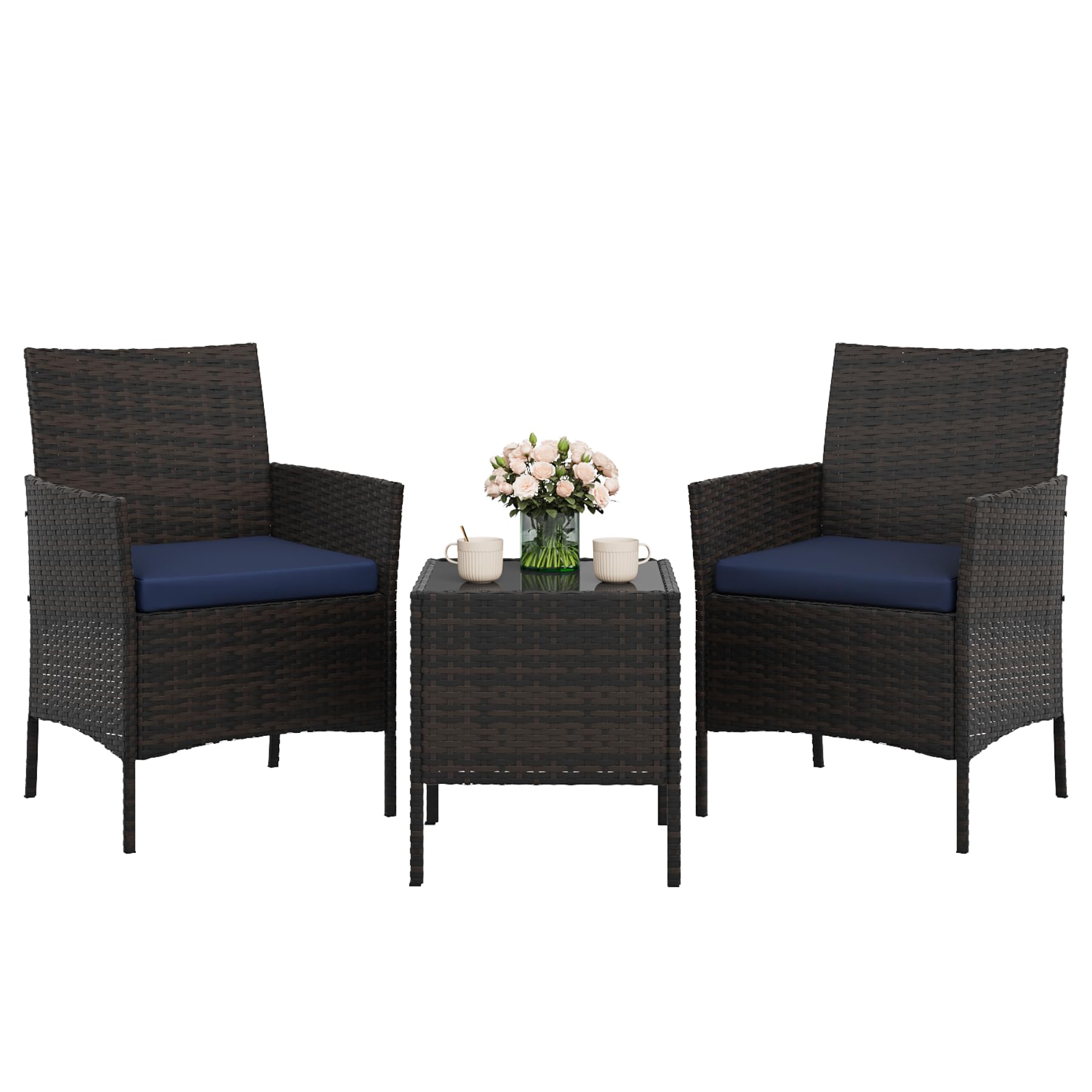 GAOMON 3-Piece Patio Furniture Set, Modern PE Rattan Conversation Set with 2 Chairs & Tempered Glass Coffee Table, All-Weather Outdoor Seating for Garden, Porch, Balcony, Poolside, Brown/Cream
