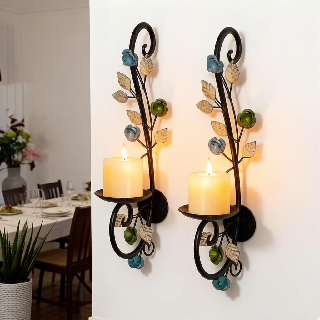 Candle Sconces Wall Sconce Candle Holder Set of 2, Antique Distressed Leaf Flower Wall Mount Metal Candleholder Hanging for Living Room Wedding Fireplace Farmhouse