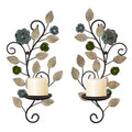 Metal Wall Candle Sconce Holders Set of 2, Rustic Leaf and Flower Branch Candle Holder Wall Decoration for Living Room Farmhouse Wedding Fireplace