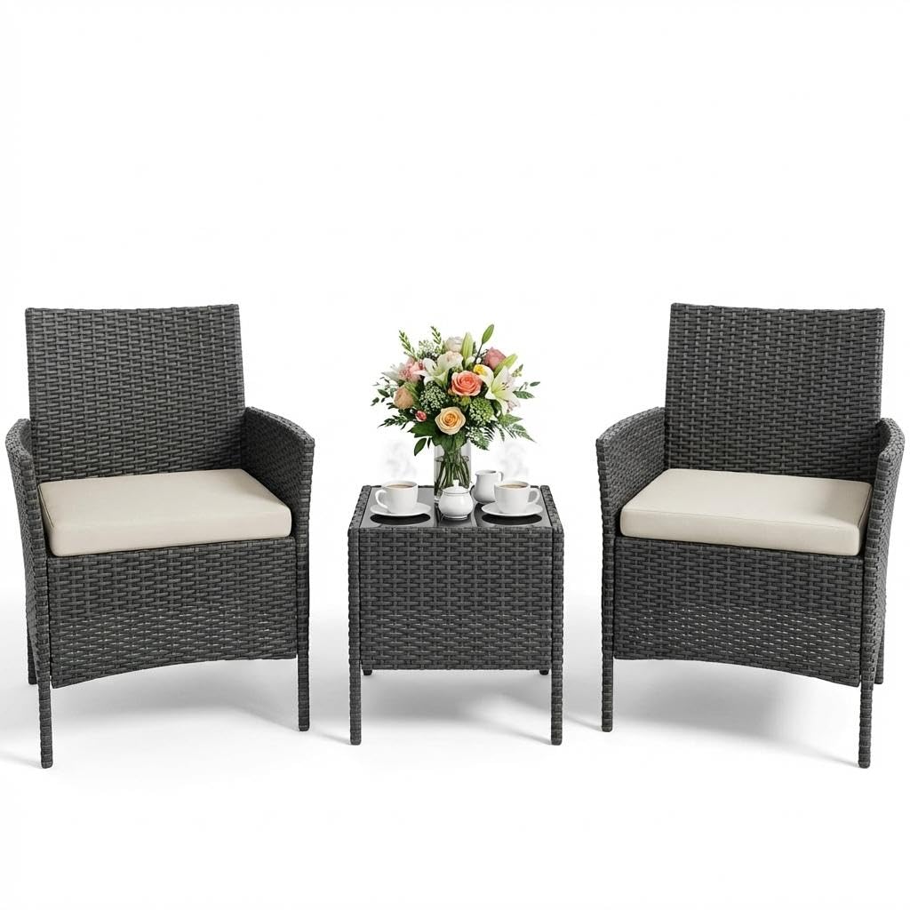 4PCS Outdoor Patio Bistro Set, PE Rattan Wicker Armchairs with Water-Resistant Cushions & Tempered Glass Coffee Table, All-Weather Conversation Set for Garden, Backyard, Porch, Poolside, Brown/Beige