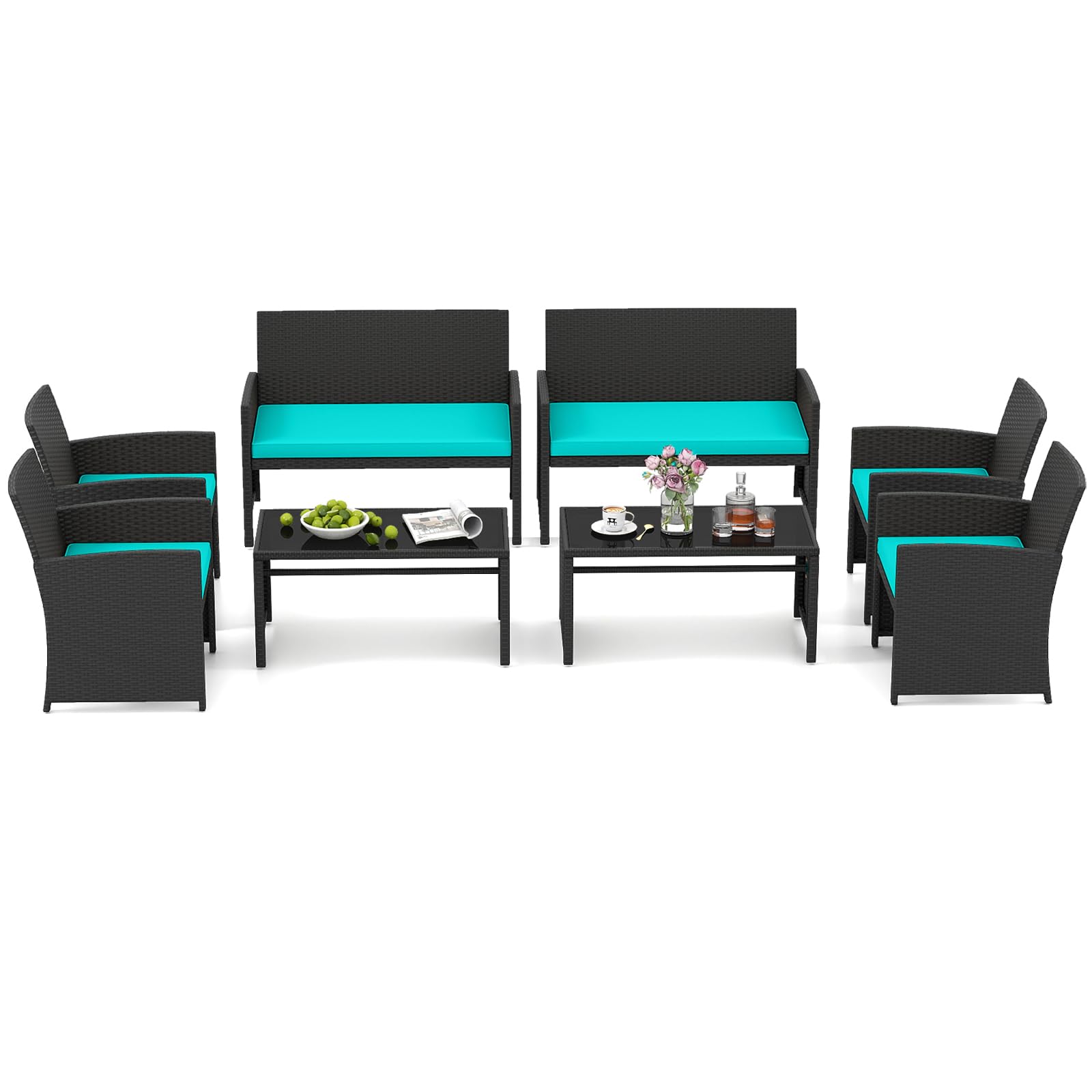 HAPPYGRILL Set of 4 Rattan Conversation Set Outdoor Wicker Furniture Set with Tempered Glass Coffee Table, Soft Cushions, Weather-Resistant Rattan Chair Set for Garden Backyard Poolside