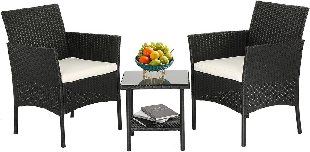 FDW Wicker Outdoor Furniture Patio Furniture Set of 3 Rattan Patio Chairs Outdoor Chairs Patio Conversation Set with Coffee Table for Yard Backyard Lawn Porch Poolside Balcony,Black