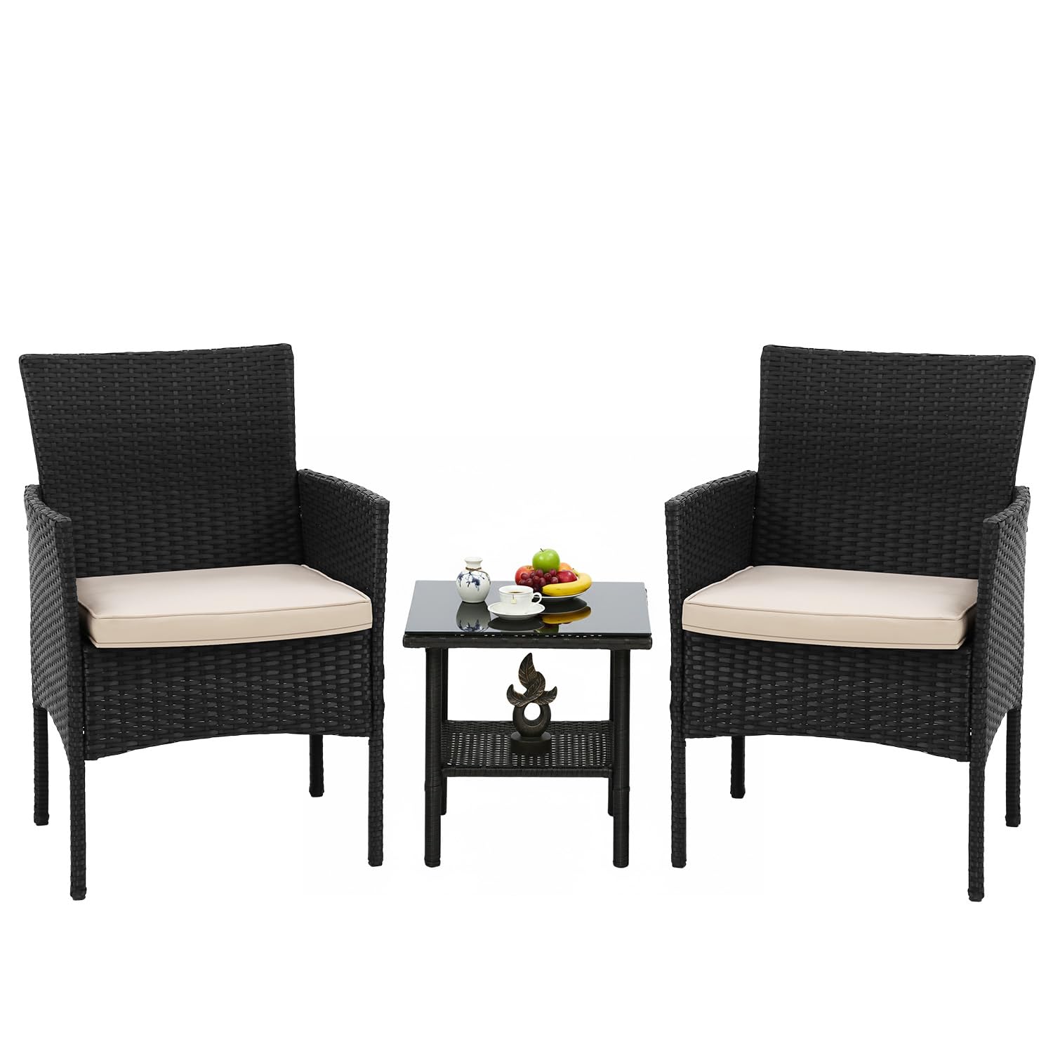 FDW Wicker Outdoor Furniture Patio Furniture Set of 3 Rattan Patio Chairs Outdoor Chairs Patio Conversation Set with Coffee Table for Yard Backyard Lawn Porch Poolside Balcony,Black