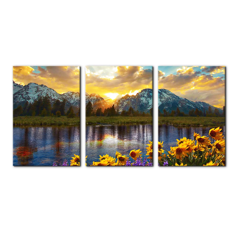 3 Pieces Mountain Canvas Wall Art for Living Room Nature Landscape Picture Sunflower Wall Decor for Bedroom Home Decoration Sunrise Grand Teton National Park Painting Framed Artwork - 12" x 16" x 3