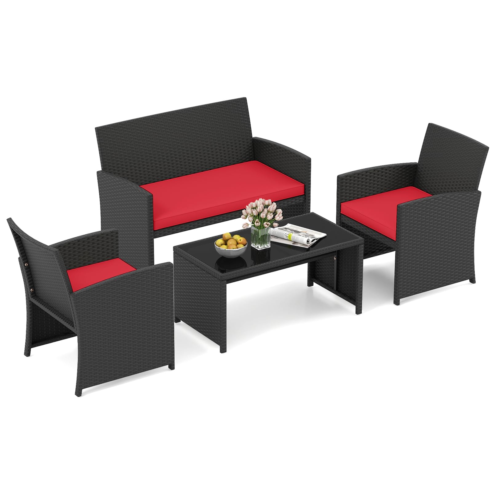 HAPPYGRILL Set of 4 Rattan Conversation Set Outdoor Wicker Furniture Set with Tempered Glass Coffee Table, Soft Cushions, Weather-Resistant Rattan Chair Set for Garden Backyard Poolside