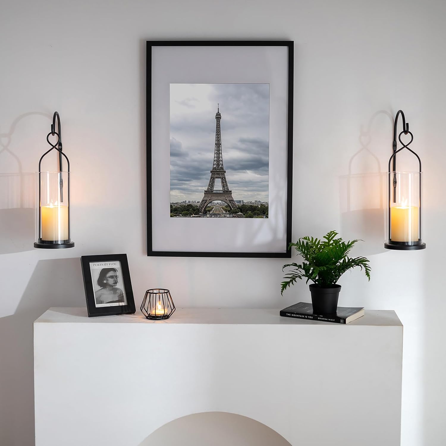 Wall Candle Holder Set of 2: Black Metal Modern Hurricane Candle Lantern Decoration for Outdoor - Minimalist Candle Sconces wall Decor for Bedroom Hallway Bedide TV