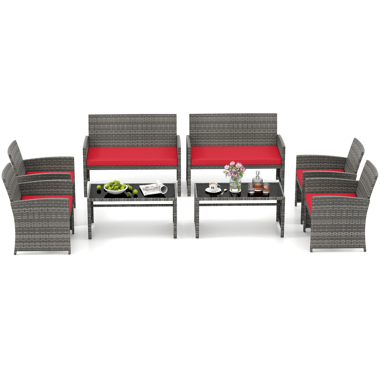 HAPPYGRILL Set of 4 Rattan Conversation Set Outdoor Wicker Furniture Set with Tempered Glass Coffee Table, Soft Cushions, Weather-Resistant Rattan Chair Set for Garden Backyard Poolside