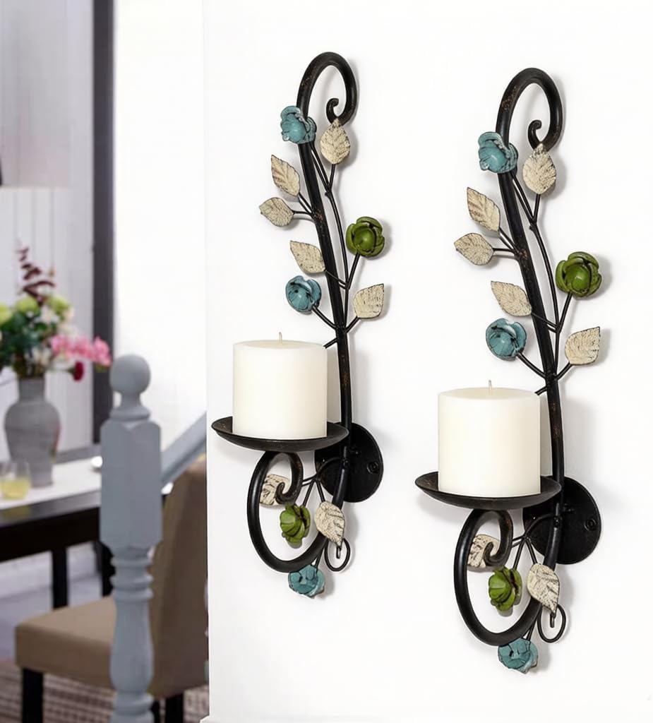 Candle Sconces Wall Sconce Candle Holder Set of 2, Antique Distressed Leaf Flower Wall Mount Metal Candleholder Hanging for Living Room Wedding Fireplace Farmhouse