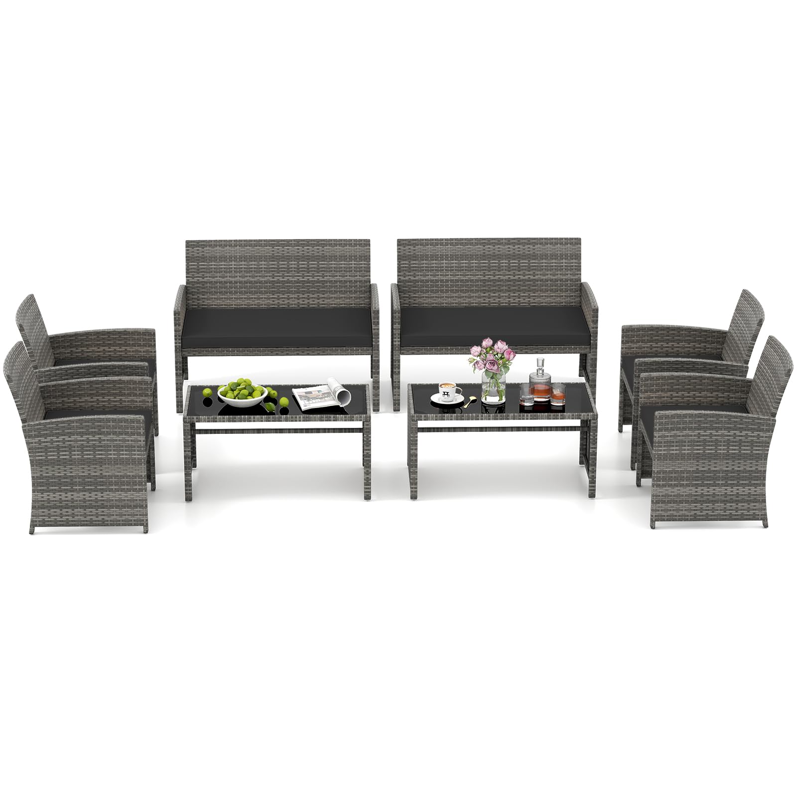HAPPYGRILL Set of 4 Rattan Conversation Set Outdoor Wicker Furniture Set with Tempered Glass Coffee Table, Soft Cushions, Weather-Resistant Rattan Chair Set for Garden Backyard Poolside