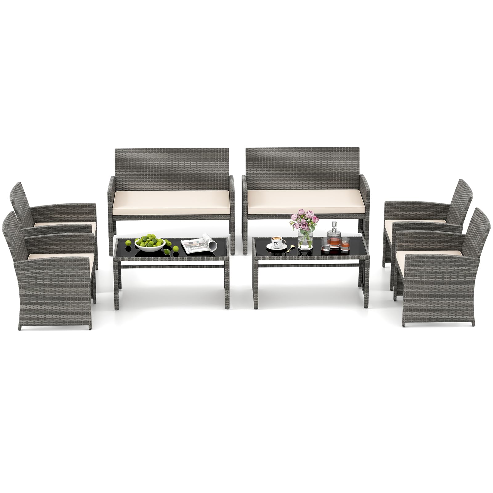 HAPPYGRILL Set of 4 Rattan Conversation Set Outdoor Wicker Furniture Set with Tempered Glass Coffee Table, Soft Cushions, Weather-Resistant Rattan Chair Set for Garden Backyard Poolside