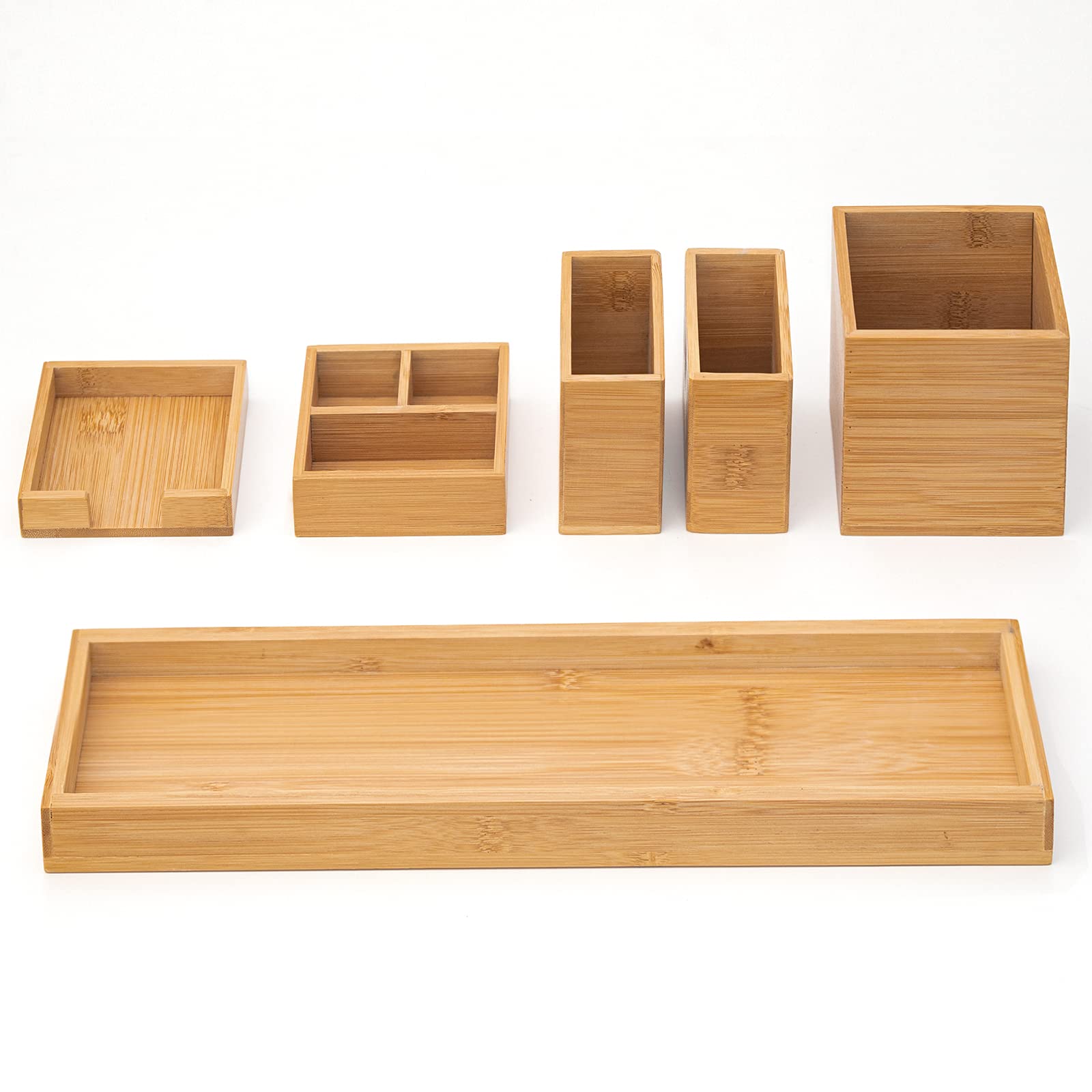 Bamboo Vanity Tray, 6-Piece Bathroom Countertop Vanity Tray Set, Makeup Kitchen Desk Organizer and Storage - Holds Small Items