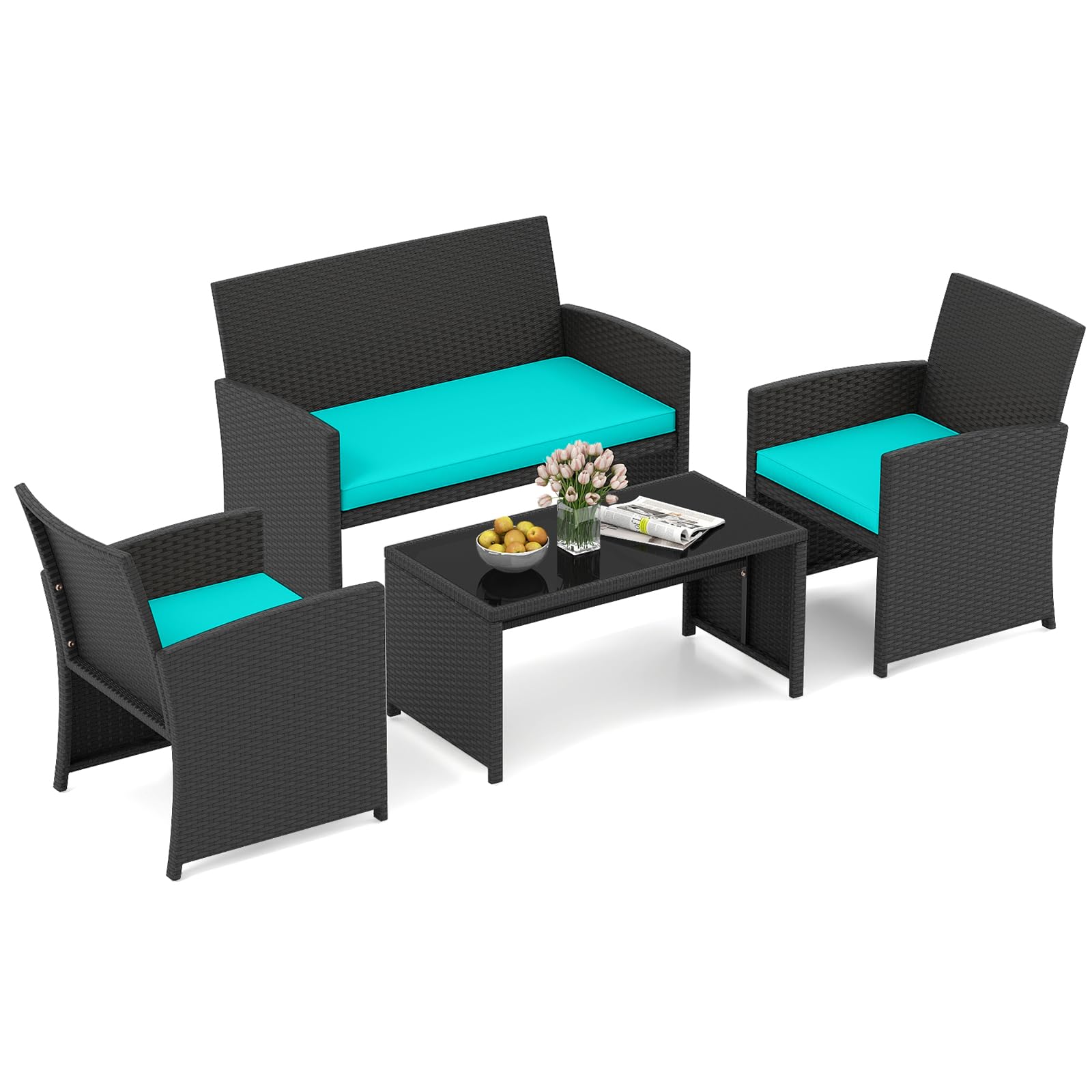 HAPPYGRILL Set of 4 Rattan Conversation Set Outdoor Wicker Furniture Set with Tempered Glass Coffee Table, Soft Cushions, Weather-Resistant Rattan Chair Set for Garden Backyard Poolside