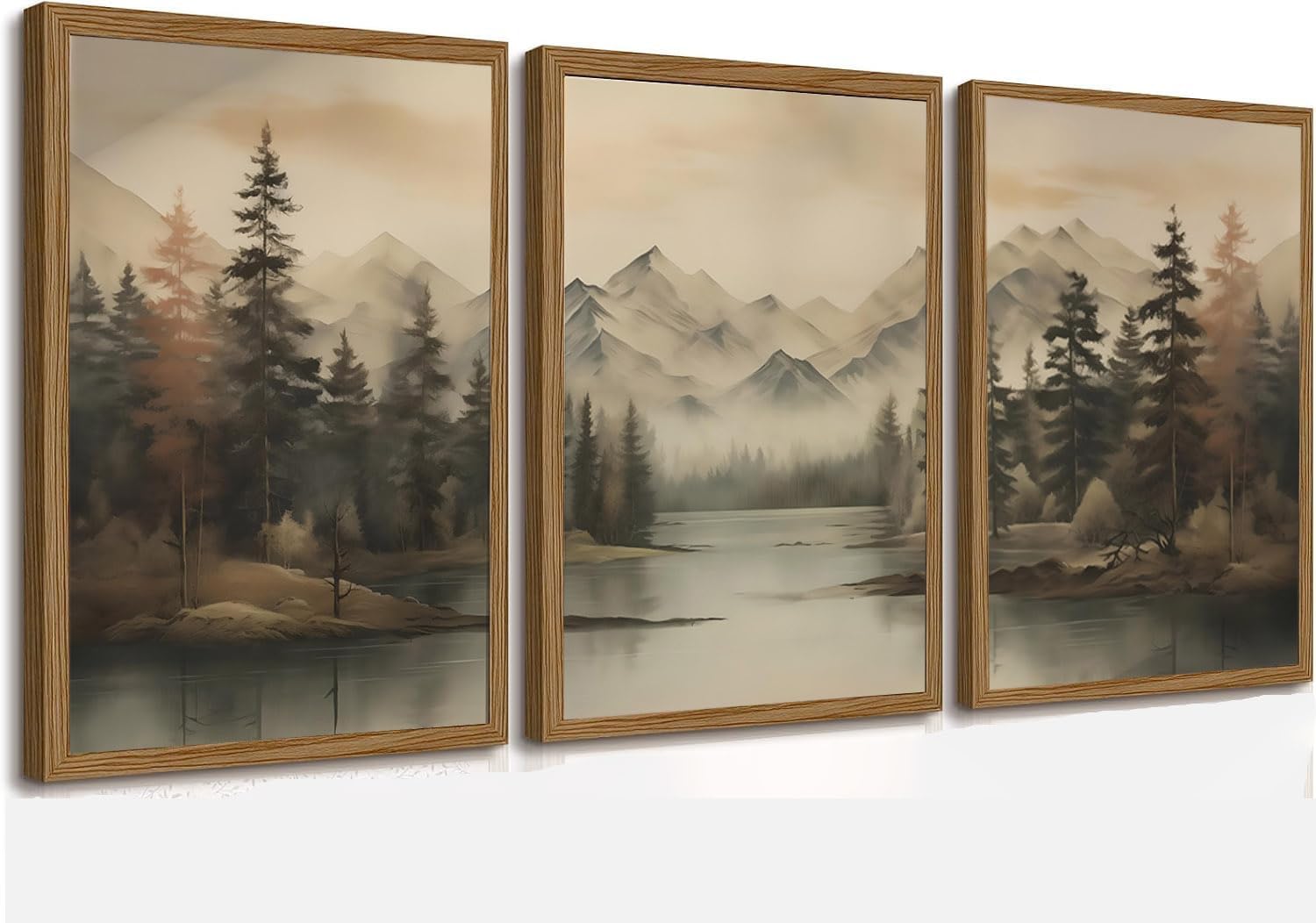 Framed Mountain Landscape Wall Art Canvas Print Vintage Forest Lake Nature Painting Picture Ready to Hang Living Room Bedroom Office Decor 12x16 Inches