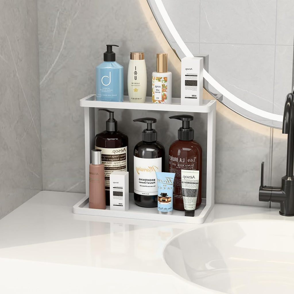 PEKER Bamboo Bathroom Organizer Countertop – Small Vanity Storage Shelf for Makeup, Perfume, Skincare – Natural Cosmetics Display Rack for Dresser, Sink, Kitchen –White