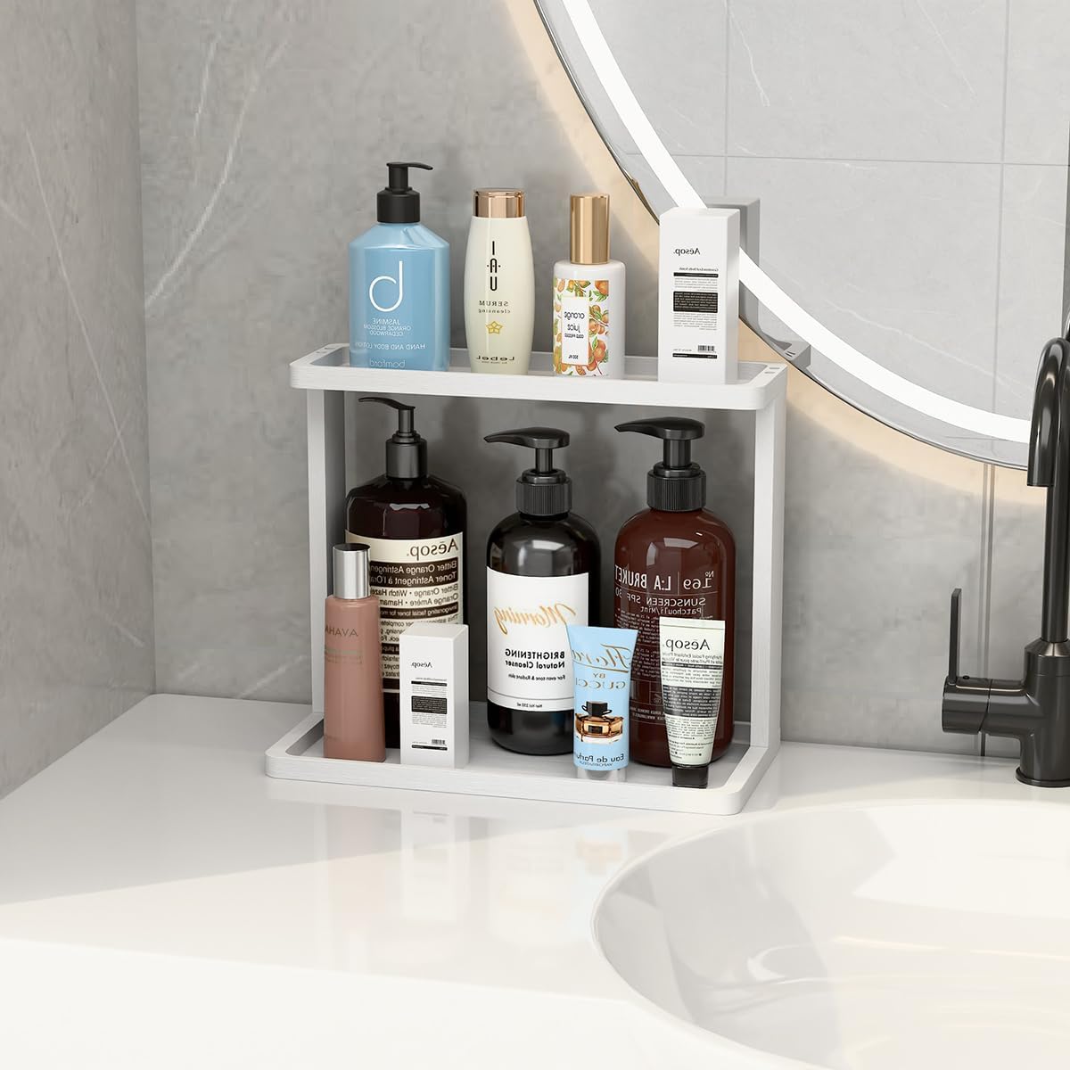 PEKER Bamboo Bathroom Organizer Countertop – Small Vanity Storage Shelf for Makeup, Perfume, Skincare – Natural Cosmetics Display Rack for Dresser, Sink, Kitchen –White