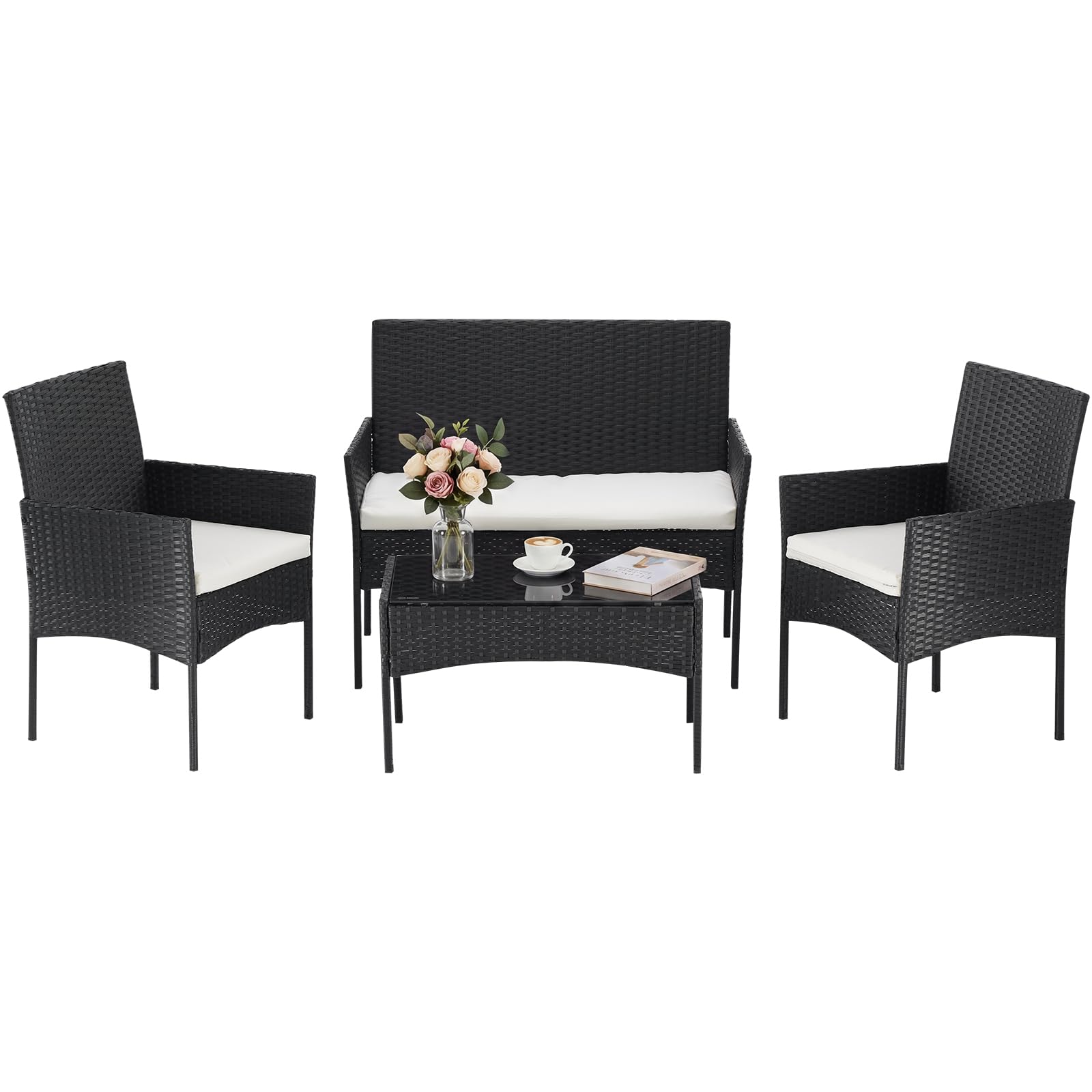 Sweetcrispy 4-Piece Patio Furniture Set, Weather-Resistant PE Rattan Wicker Outdoor Conversation Set with Tempered Glass Tabletop, Durable Outdoor Seating for Garden, Backyard, Porch, Deck, Brown