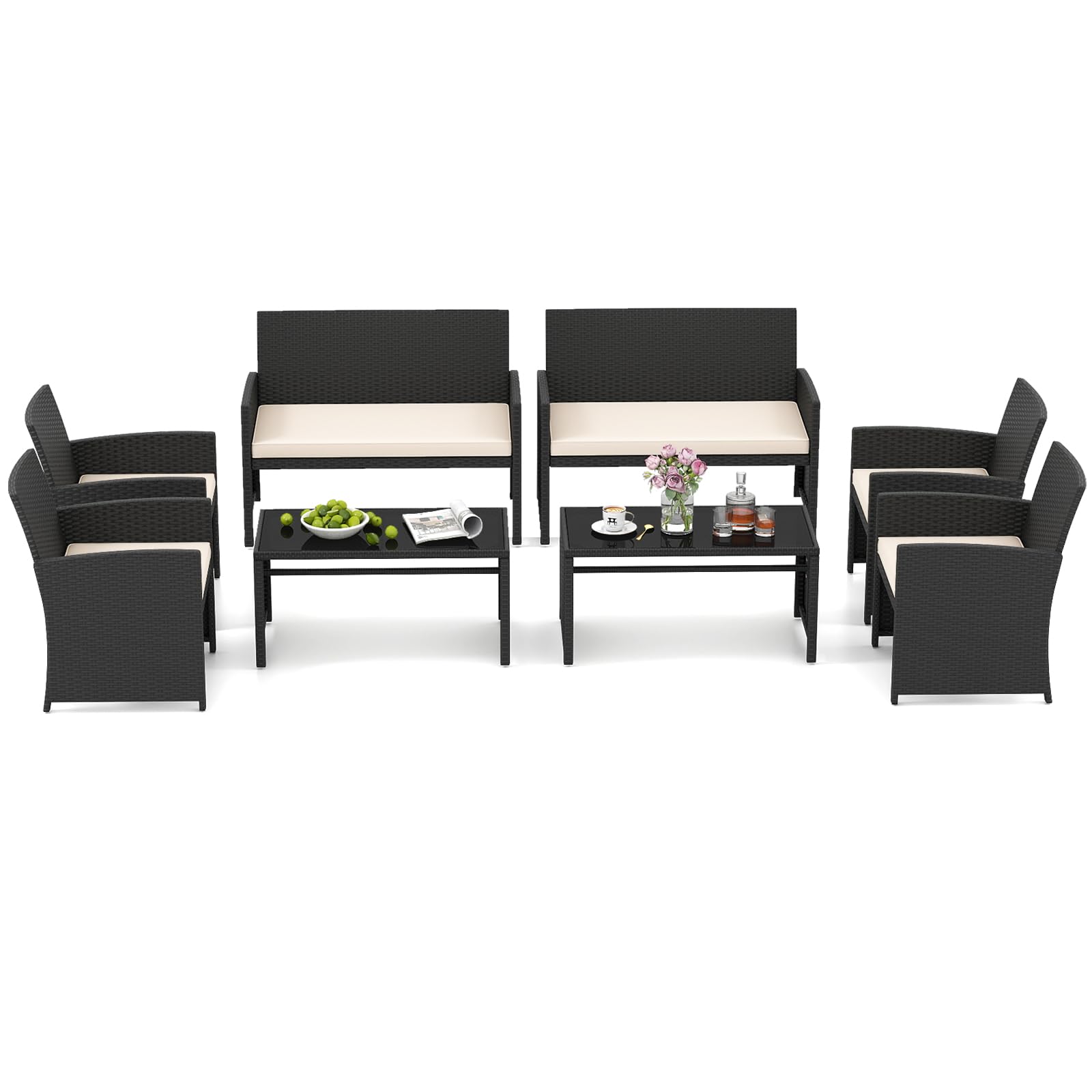 HAPPYGRILL Set of 4 Rattan Conversation Set Outdoor Wicker Furniture Set with Tempered Glass Coffee Table, Soft Cushions, Weather-Resistant Rattan Chair Set for Garden Backyard Poolside