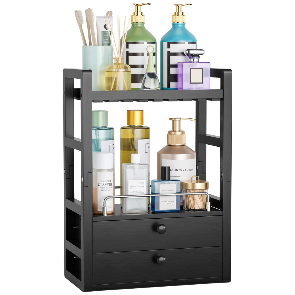 AmazerBath Bamboo Bathroom Countertop Organizer, 2-Tier Makeup Organizer with 2 Drawers, Vanity Organizer Storage Coffee Matcha Station, Compact Shelf for Bathroom Kitchen Office