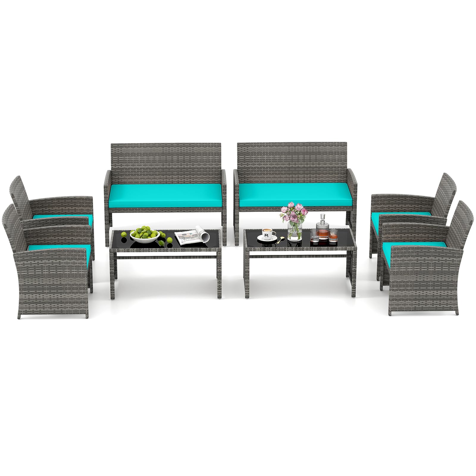 HAPPYGRILL Set of 4 Rattan Conversation Set Outdoor Wicker Furniture Set with Tempered Glass Coffee Table, Soft Cushions, Weather-Resistant Rattan Chair Set for Garden Backyard Poolside
