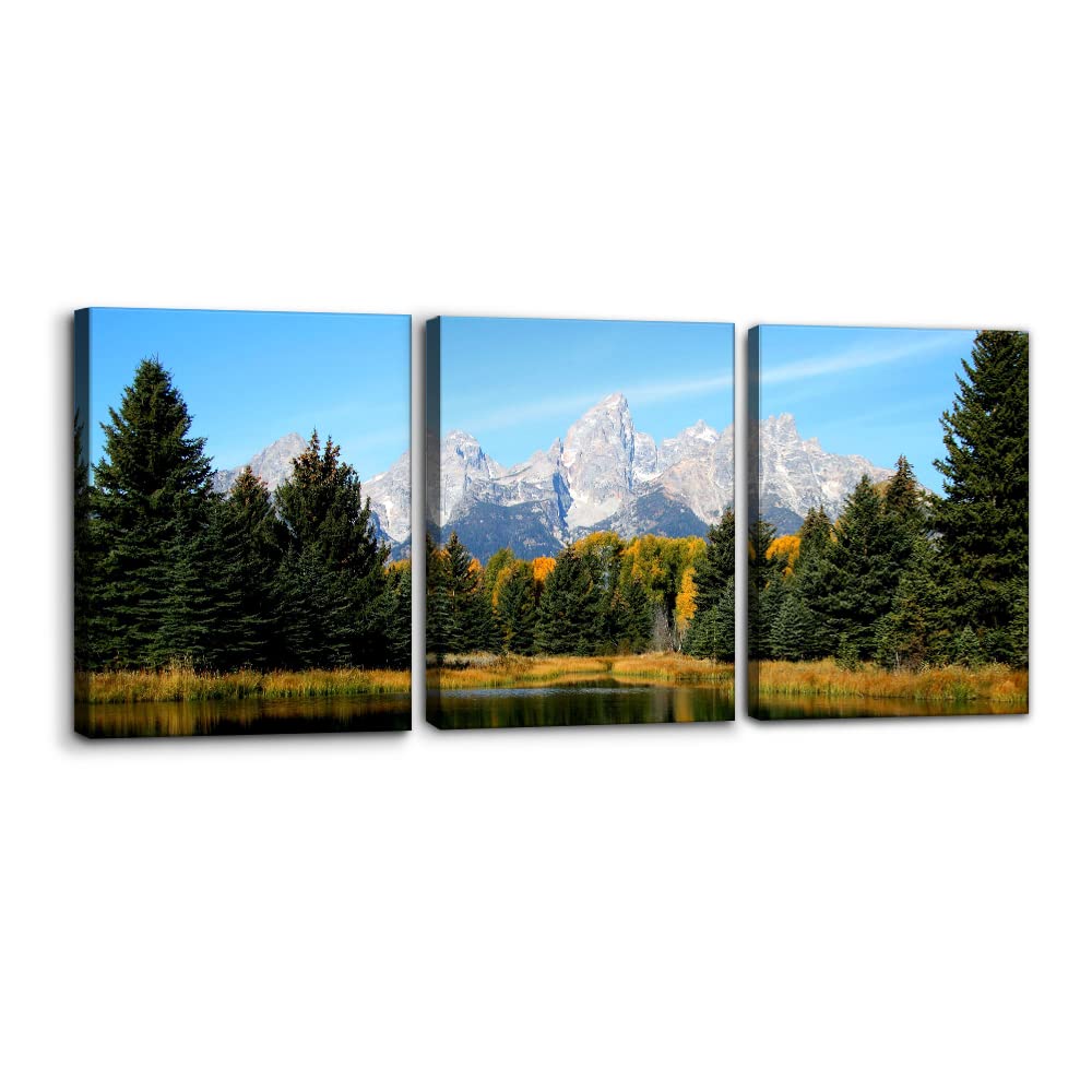3 Pieces Mountain Canvas Wall Art for Living Room Nature Landscape Picture Sunflower Wall Decor for Bedroom Home Decoration Sunrise Grand Teton National Park Painting Framed Artwork - 12" x 16" x 3