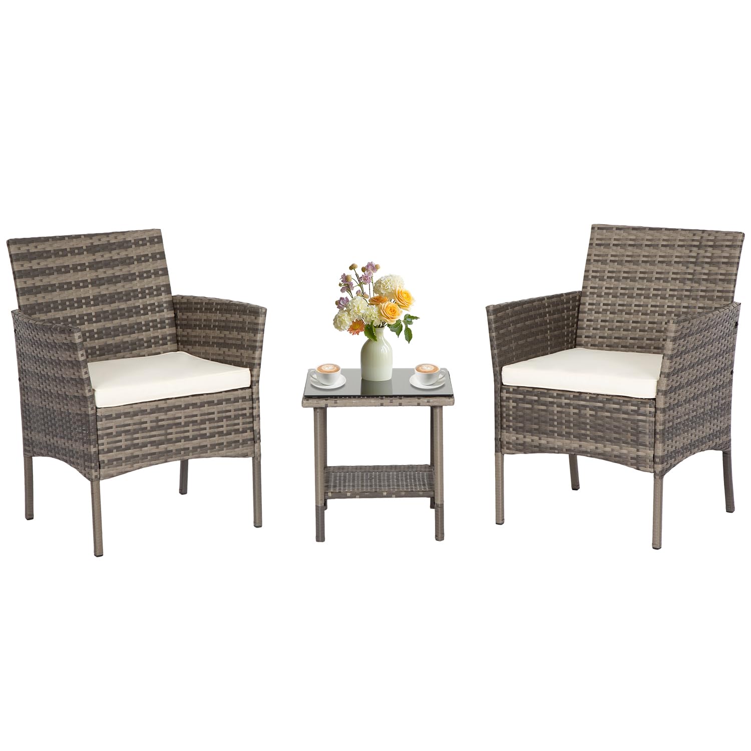 FDW Wicker Outdoor Furniture Patio Furniture Set of 3 Rattan Patio Chairs Outdoor Chairs Patio Conversation Set with Coffee Table for Yard Backyard Lawn Porch Poolside Balcony,Black