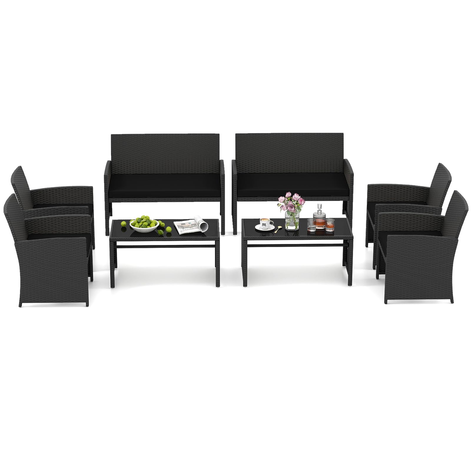 HAPPYGRILL Set of 4 Rattan Conversation Set Outdoor Wicker Furniture Set with Tempered Glass Coffee Table, Soft Cushions, Weather-Resistant Rattan Chair Set for Garden Backyard Poolside