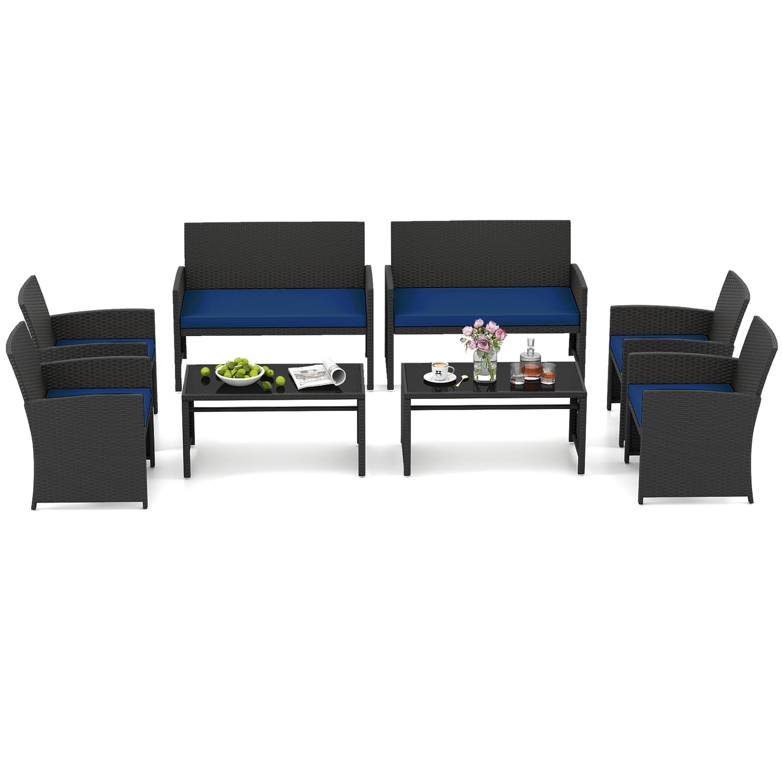 HAPPYGRILL Set of 4 Rattan Conversation Set Outdoor Wicker Furniture Set with Tempered Glass Coffee Table, Soft Cushions, Weather-Resistant Rattan Chair Set for Garden Backyard Poolside
