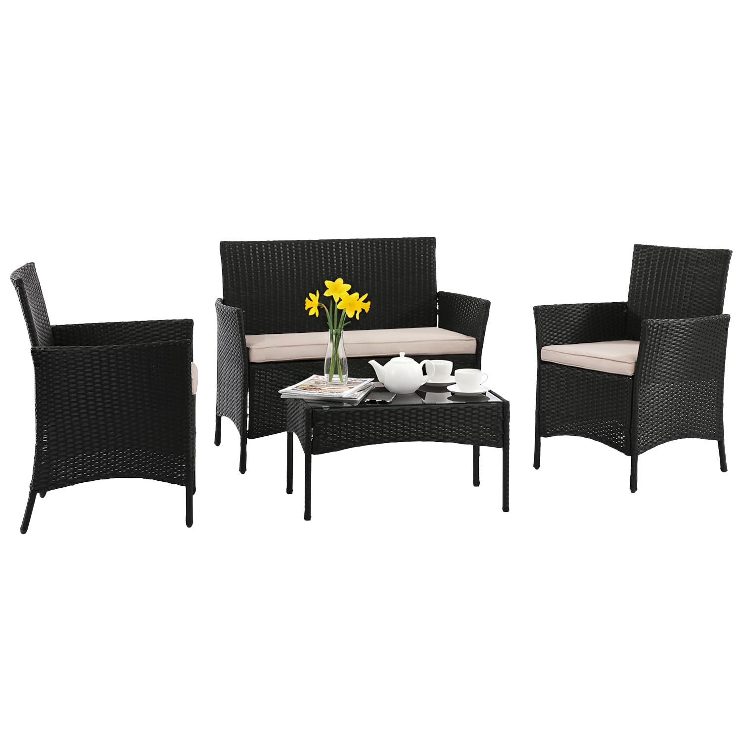 FDW Wicker Outdoor Furniture Patio Furniture Set of 3 Rattan Patio Chairs Outdoor Chairs Patio Conversation Set with Coffee Table for Yard Backyard Lawn Porch Poolside Balcony,Black