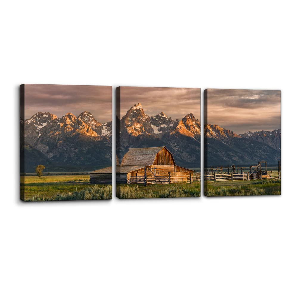 3 Pieces Mountain Canvas Wall Art for Living Room Nature Landscape Picture Sunflower Wall Decor for Bedroom Home Decoration Sunrise Grand Teton National Park Painting Framed Artwork - 12" x 16" x 3