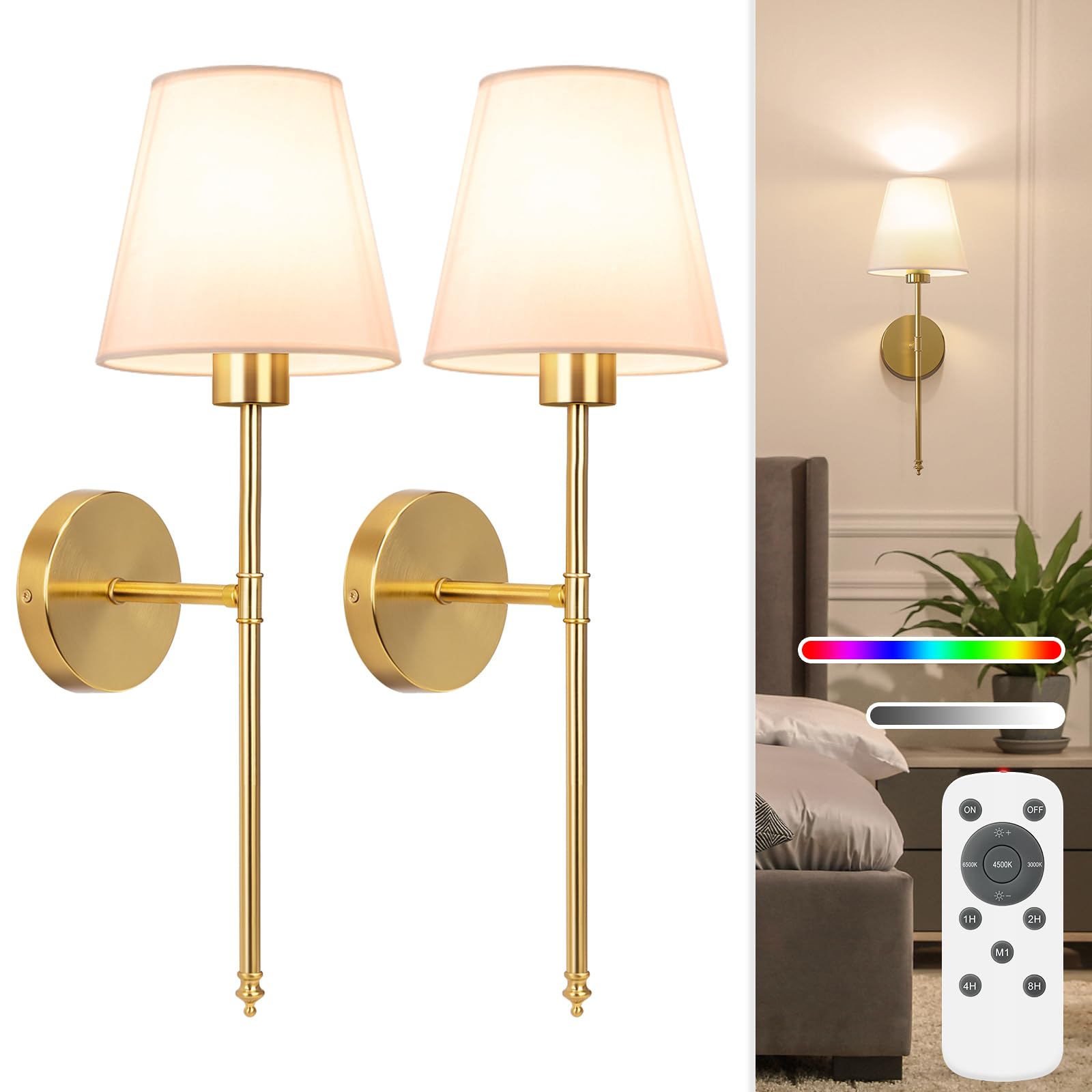NIORSUN Battery Operated Wall Sconce Set of 2,Gold Rechargeable Wall Lights with 5200mAh Dimmable Bulbs and Remote,10 Colors Wireless Wall Lamps for Bedroom Living Room Hallway Decor