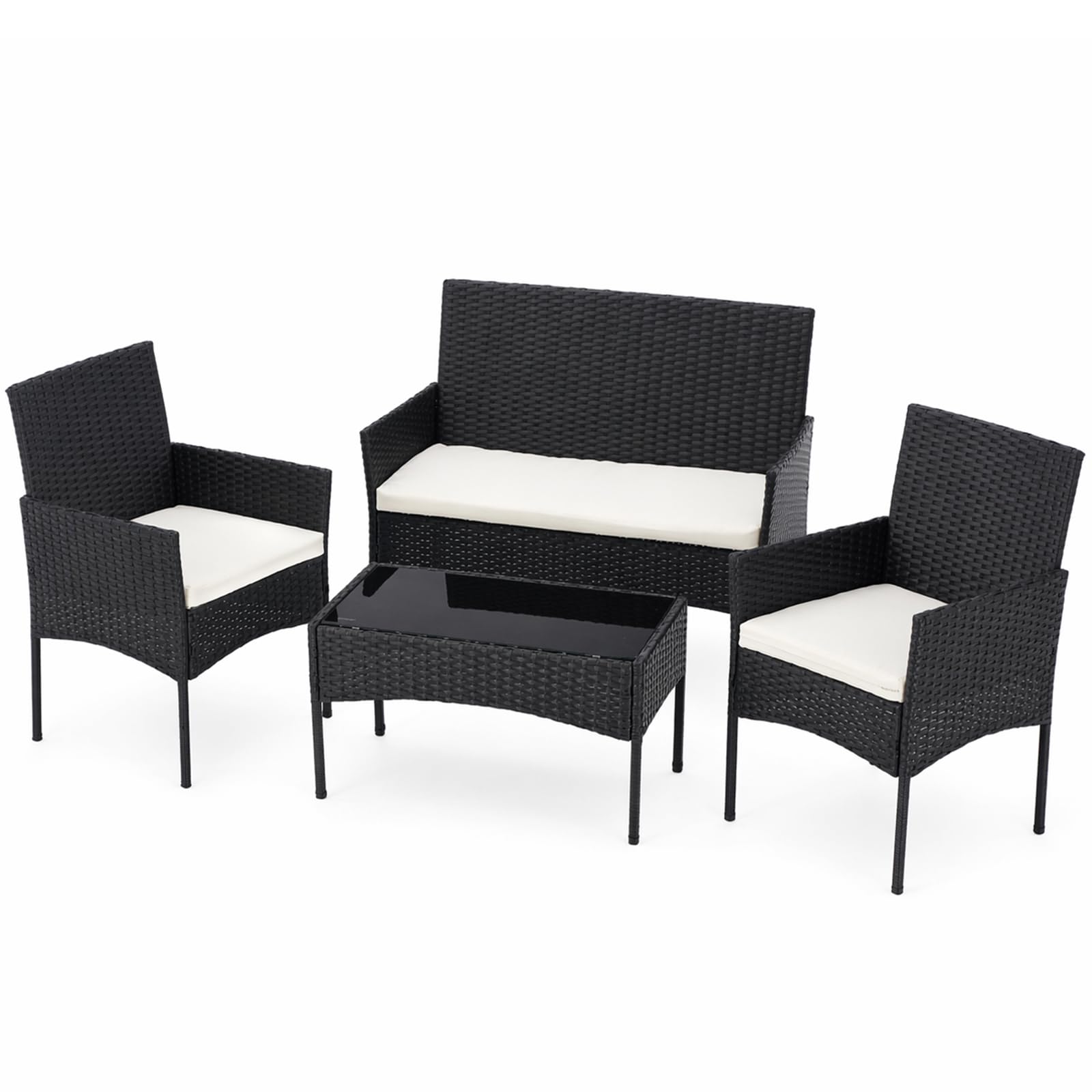 Sweetcrispy 4-Piece Patio Furniture Set, Weather-Resistant PE Rattan Wicker Outdoor Conversation Set with Tempered Glass Tabletop, Durable Outdoor Seating for Garden, Backyard, Porch, Deck, Brown