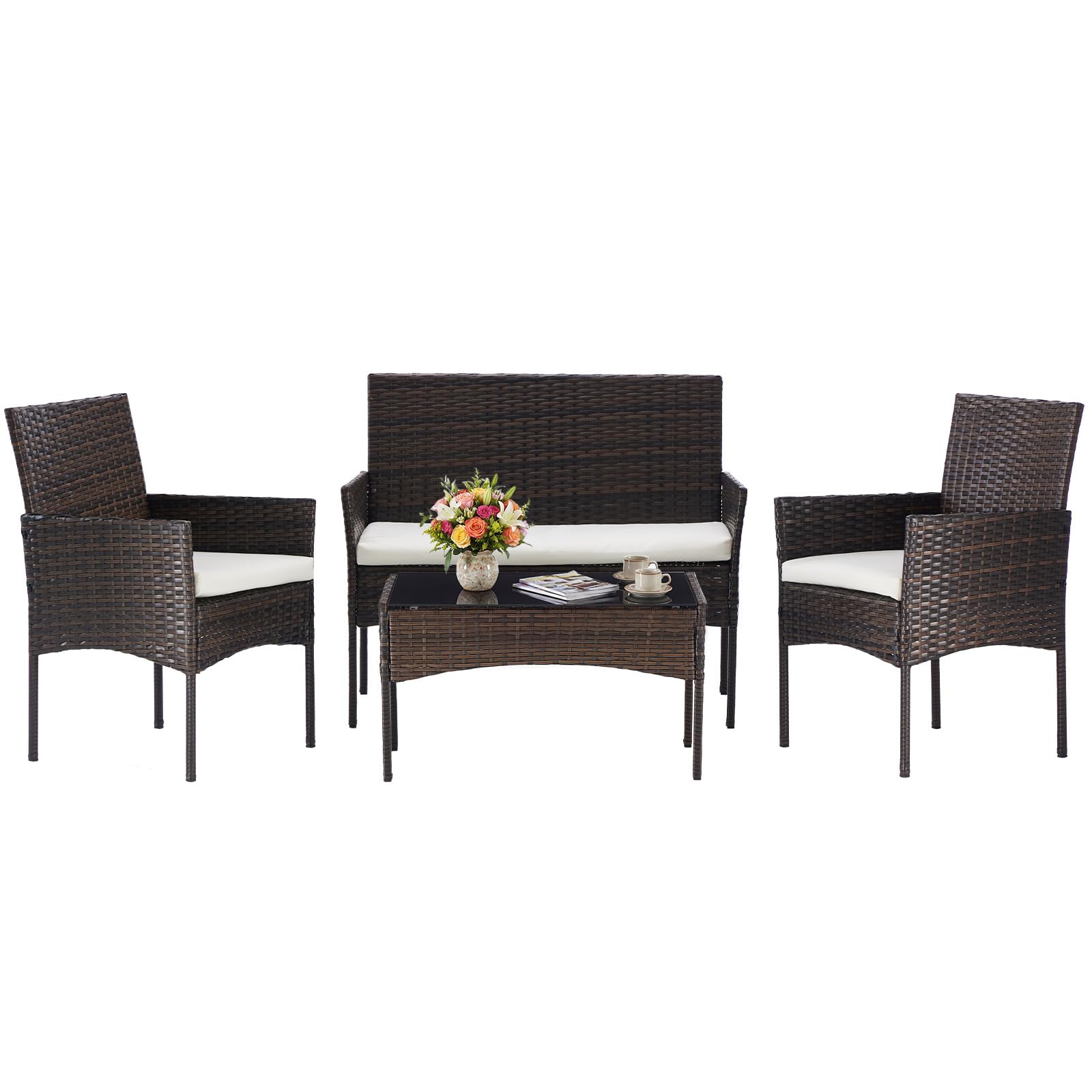 Sweetcrispy 4-Piece Patio Furniture Set, Weather-Resistant PE Rattan Wicker Outdoor Conversation Set with Tempered Glass Tabletop, Durable Outdoor Seating for Garden, Backyard, Porch, Deck, Brown