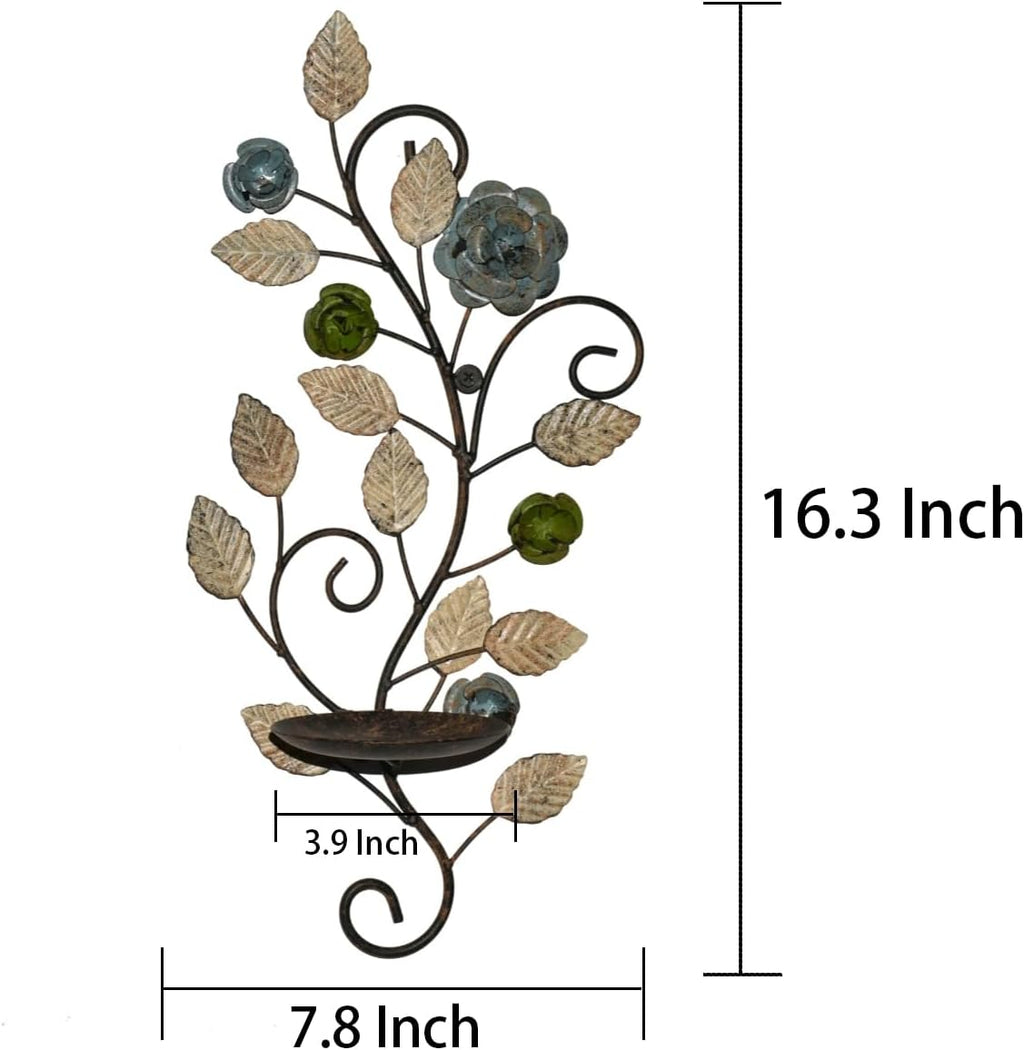 Metal Wall Candle Sconce Holders Set of 2, Rustic Leaf and Flower Branch Candle Holder Wall Decoration for Living Room Farmhouse Wedding Fireplace