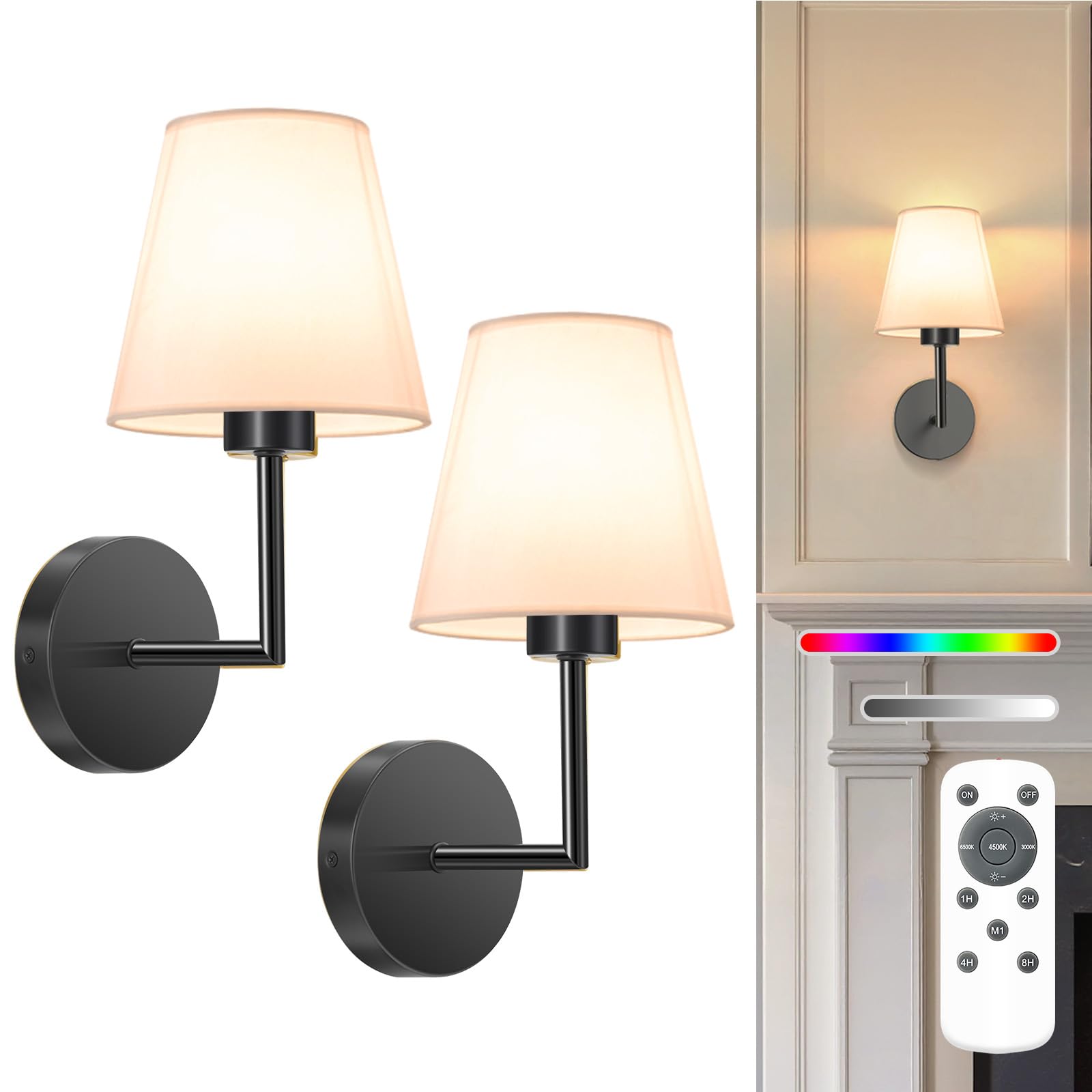 NIORSUN Battery Operated Wall Sconce Set of 2,Gold Rechargeable Wall Lights with 5200mAh Dimmable Bulbs and Remote,10 Colors Wireless Wall Lamps for Bedroom Living Room Hallway Decor
