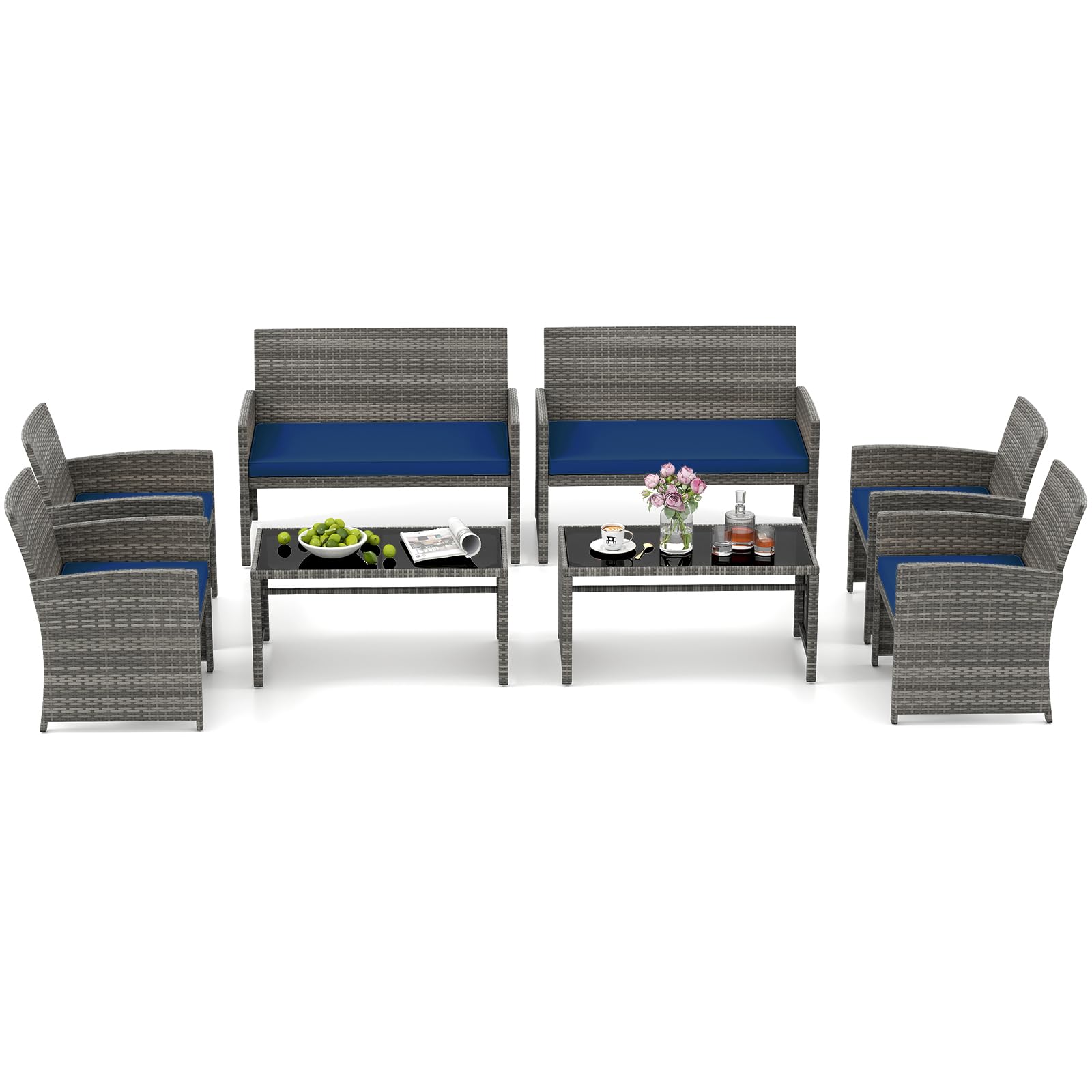 HAPPYGRILL Set of 4 Rattan Conversation Set Outdoor Wicker Furniture Set with Tempered Glass Coffee Table, Soft Cushions, Weather-Resistant Rattan Chair Set for Garden Backyard Poolside