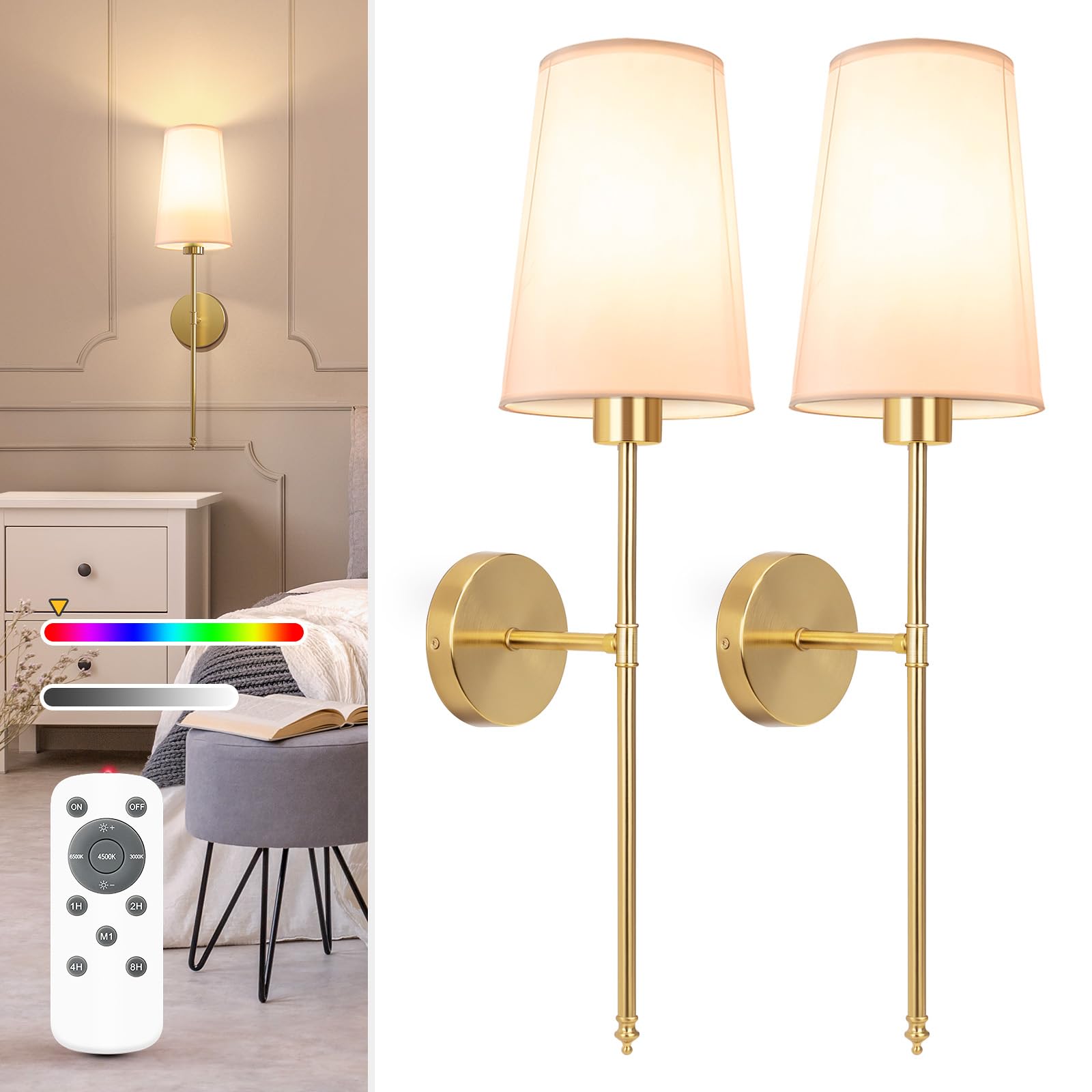 NIORSUN Battery Operated Wall Sconce Set of 2,Gold Rechargeable Wall Lights with 5200mAh Dimmable Bulbs and Remote,10 Colors Wireless Wall Lamps for Bedroom Living Room Hallway Decor