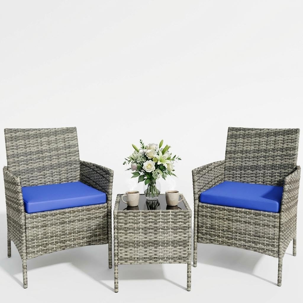 4PCS Outdoor Patio Bistro Set, PE Rattan Wicker Armchairs with Water-Resistant Cushions & Tempered Glass Coffee Table, All-Weather Conversation Set for Garden, Backyard, Porch, Poolside, Brown/Beige