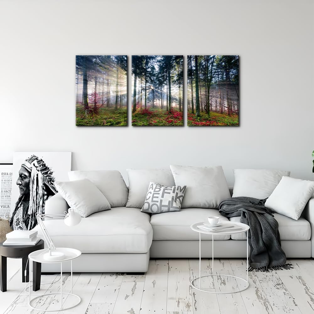 Pacimo 3 Pieces Canvas Wall Art Nature Landscape Sunrise Trees Pictures Painting Prints on Canvas Wall Decoration for Living Room Forest Framed Modern Artwork for Bedroom and Home Decor - 12"x16"x3