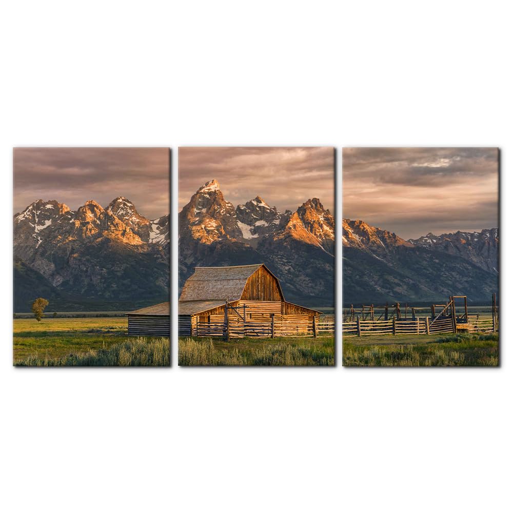 3 Pieces Mountain Canvas Wall Art for Living Room Nature Landscape Picture Sunflower Wall Decor for Bedroom Home Decoration Sunrise Grand Teton National Park Painting Framed Artwork - 12" x 16" x 3