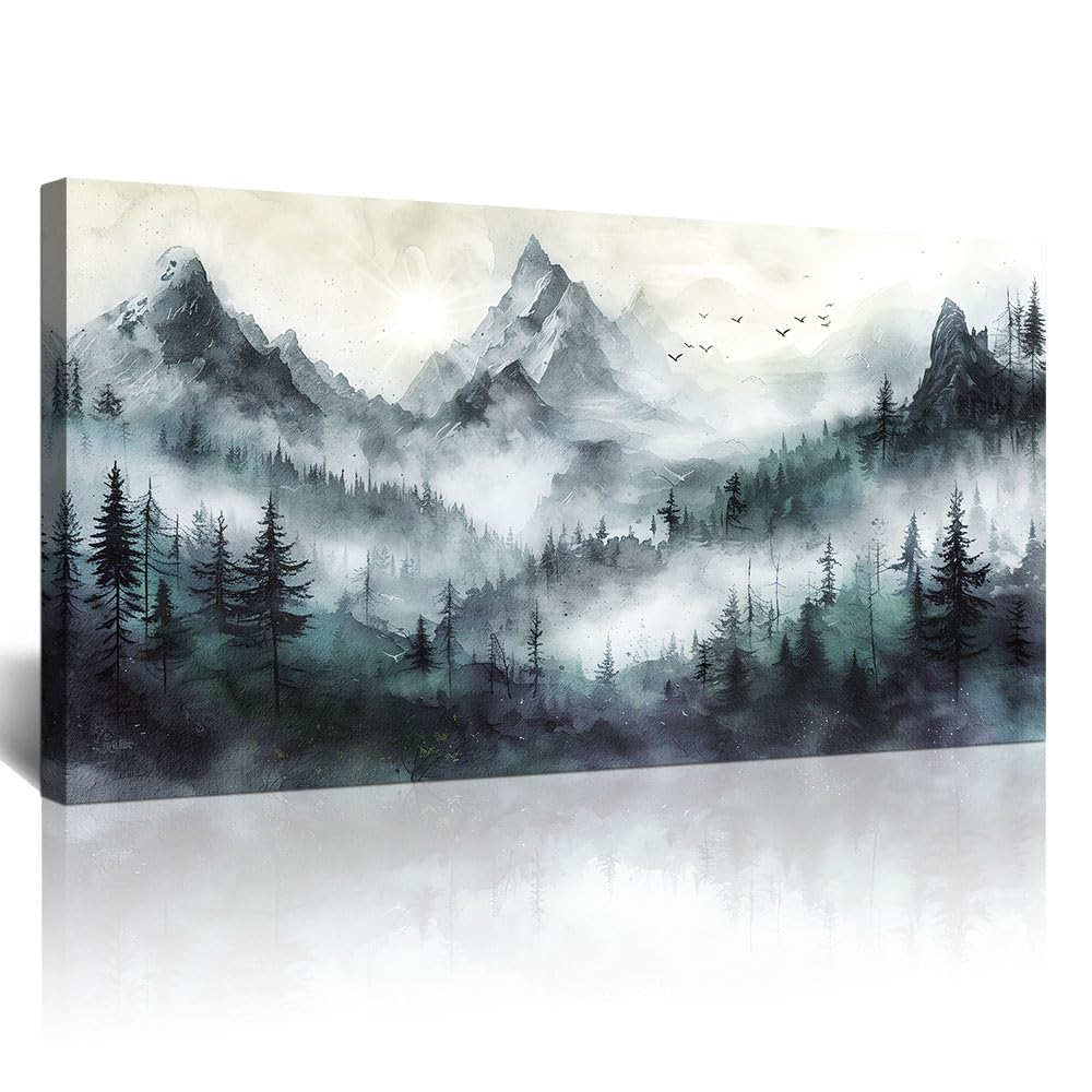 Lapremoly Canvas Wall Art for Living Room, Bedroom, Office - Modern Abstract Mountain Scenery Paintings, Misty Forest Landscape Pictures - Home Decorations Artwork