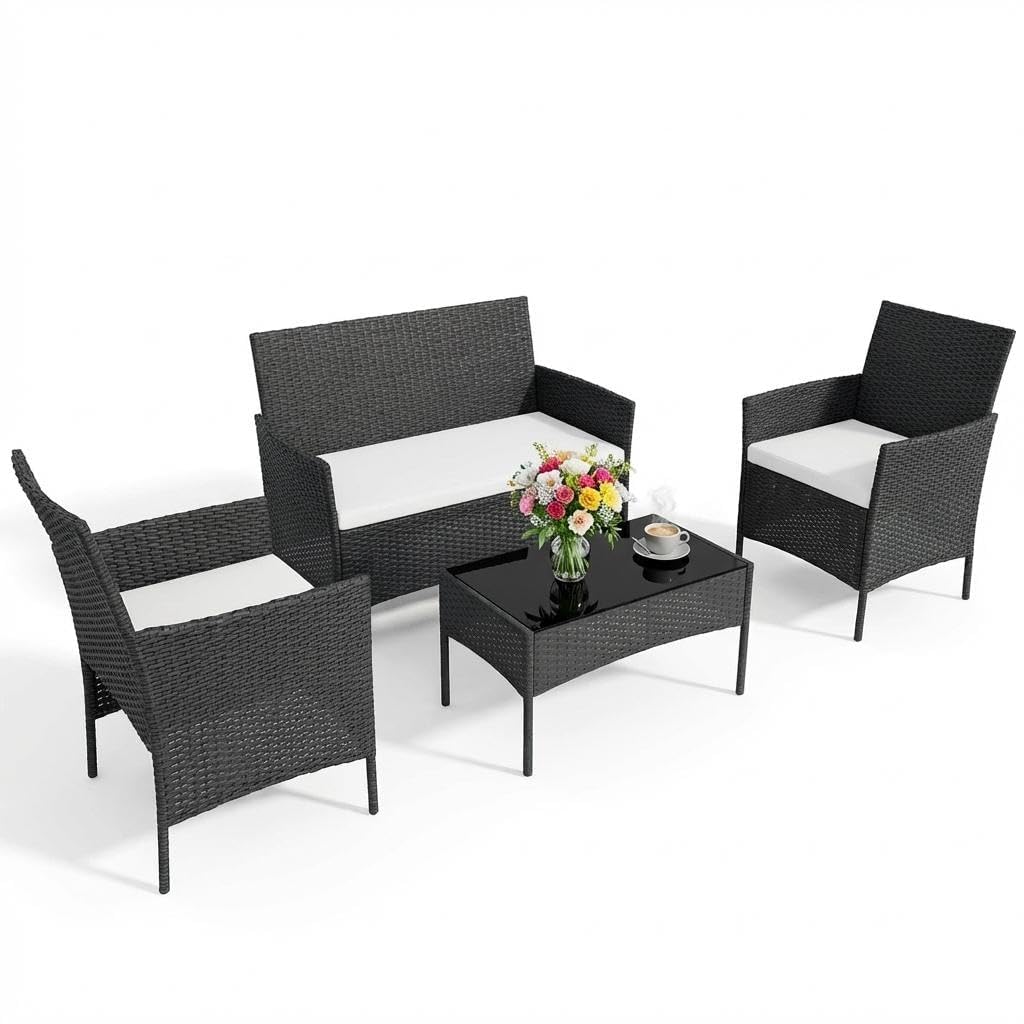 4PCS Outdoor Patio Bistro Set, PE Rattan Wicker Armchairs with Water-Resistant Cushions & Tempered Glass Coffee Table, All-Weather Conversation Set for Garden, Backyard, Porch, Poolside, Brown/Beige
