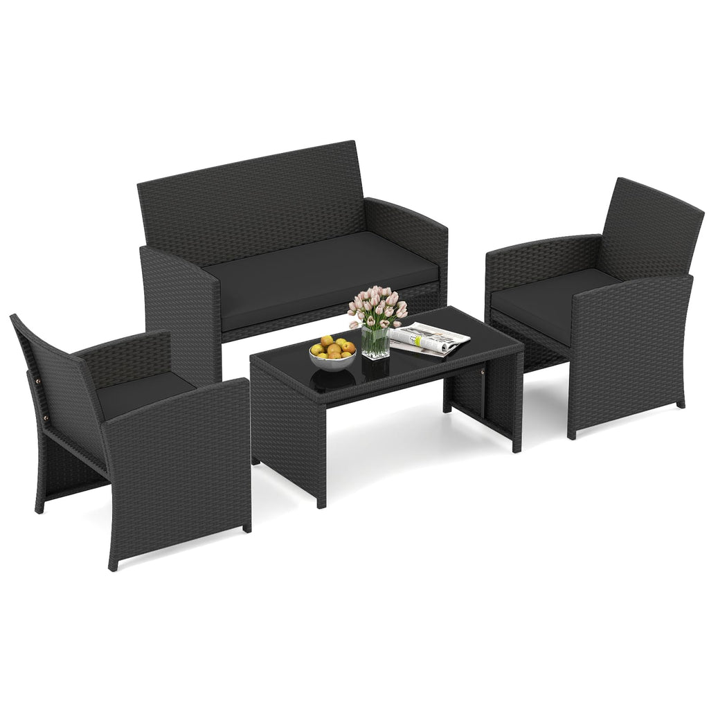 HAPPYGRILL Set of 4 Rattan Conversation Set Outdoor Wicker Furniture Set with Tempered Glass Coffee Table, Soft Cushions, Weather-Resistant Rattan Chair Set for Garden Backyard Poolside