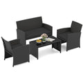 HAPPYGRILL Set of 4 Rattan Conversation Set Outdoor Wicker Furniture Set with Tempered Glass Coffee Table, Soft Cushions, Weather-Resistant Rattan Chair Set for Garden Backyard Poolside