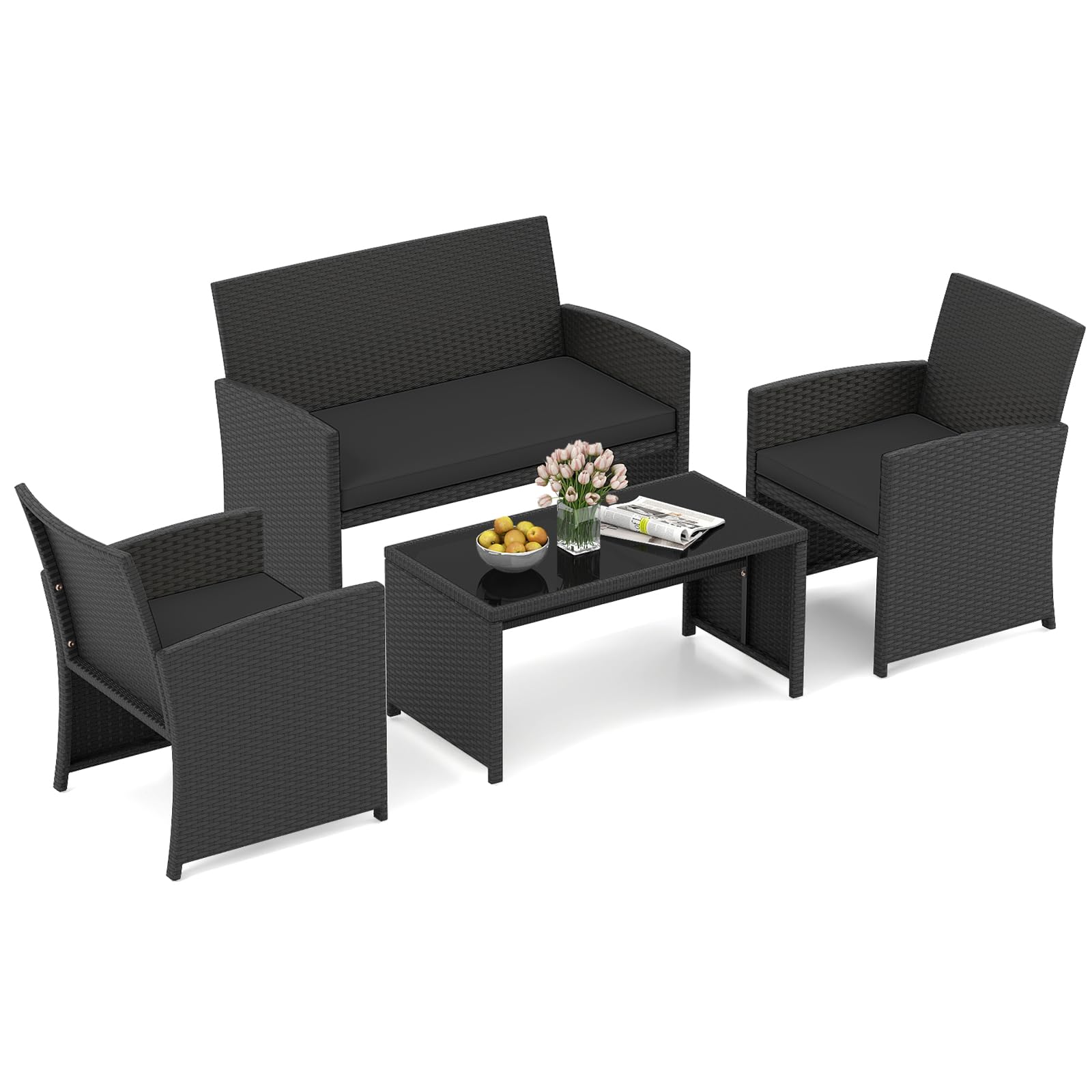 HAPPYGRILL Set of 4 Rattan Conversation Set Outdoor Wicker Furniture Set with Tempered Glass Coffee Table, Soft Cushions, Weather-Resistant Rattan Chair Set for Garden Backyard Poolside