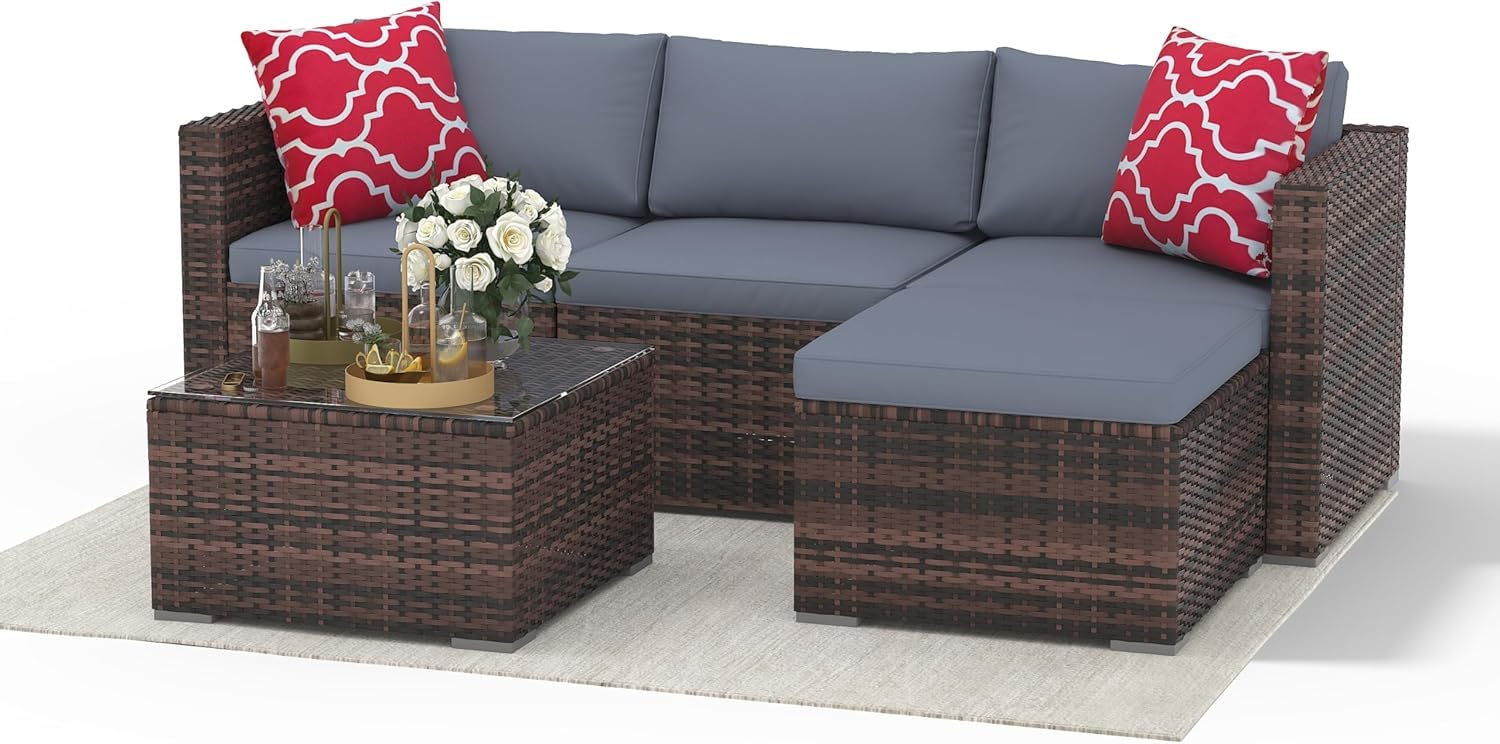 4PCS Outdoor Patio Bistro Set, PE Rattan Wicker Armchairs with Water-Resistant Cushions & Tempered Glass Coffee Table, All-Weather Conversation Set for Garden, Backyard, Porch, Poolside, Brown/Beige