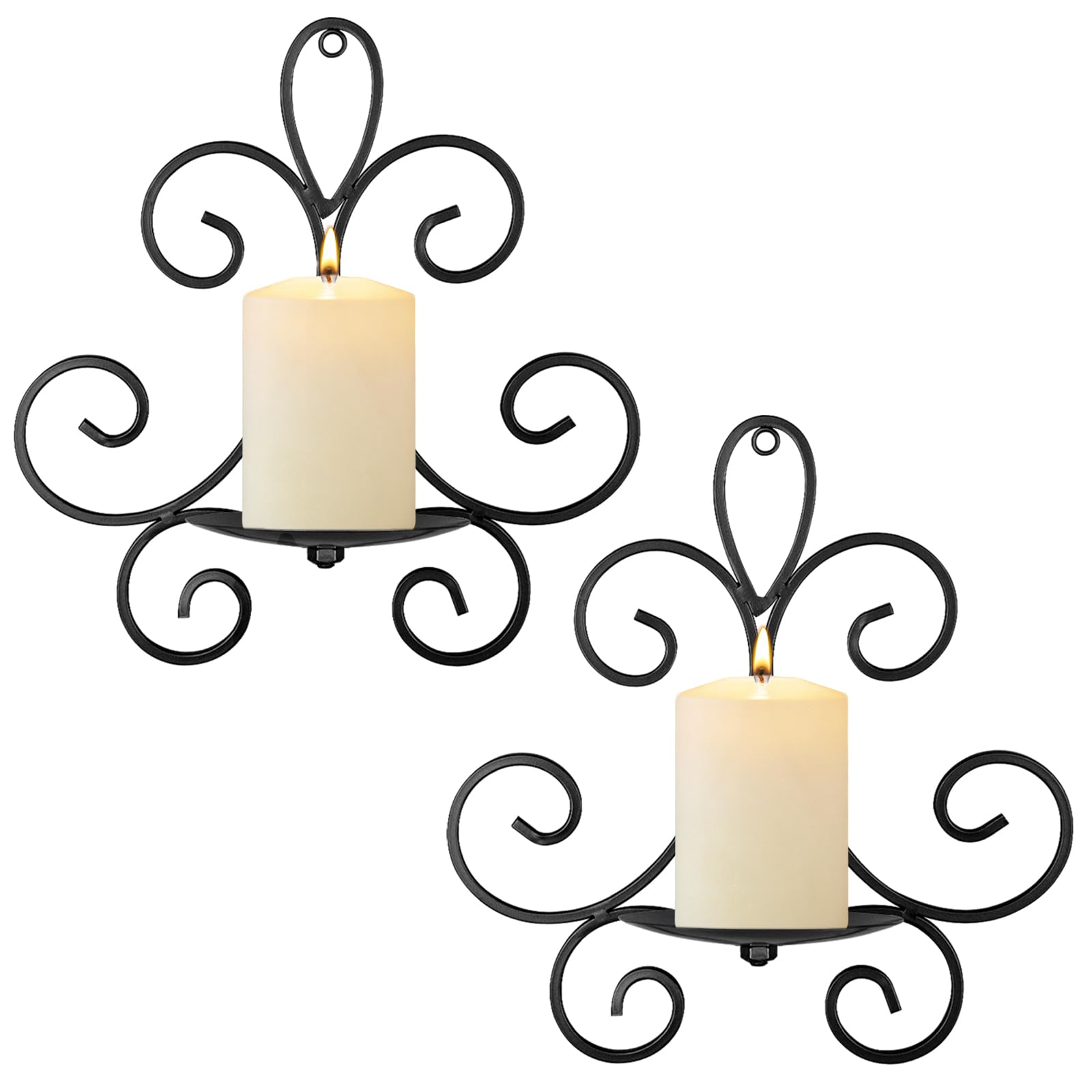 Wall Candle Sconces Set of 2, Double Scroll Pattern Candle Sconces, Metal Wall Candle Holder for Home Decor, Living Room, Dining Room, Bedroom, Black, Gifts for Men Women Mom or Dad