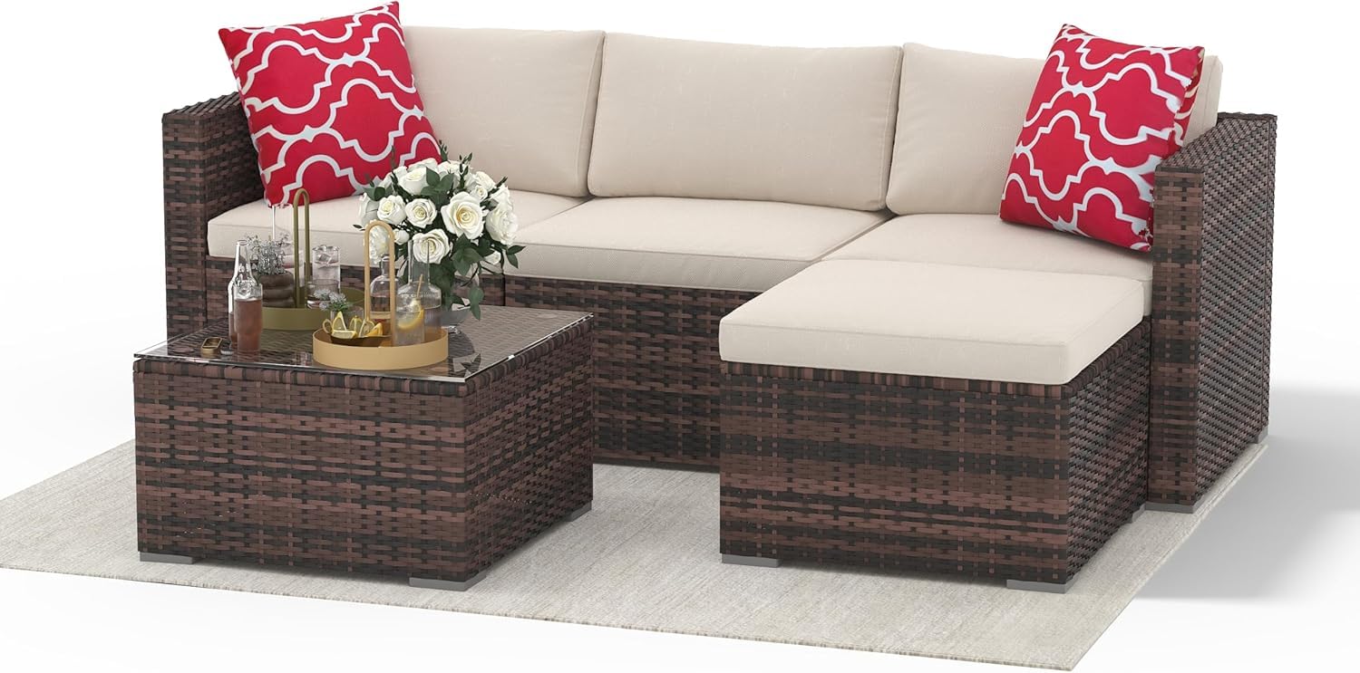 4PCS Outdoor Patio Bistro Set, PE Rattan Wicker Armchairs with Water-Resistant Cushions & Tempered Glass Coffee Table, All-Weather Conversation Set for Garden, Backyard, Porch, Poolside, Brown/Beige